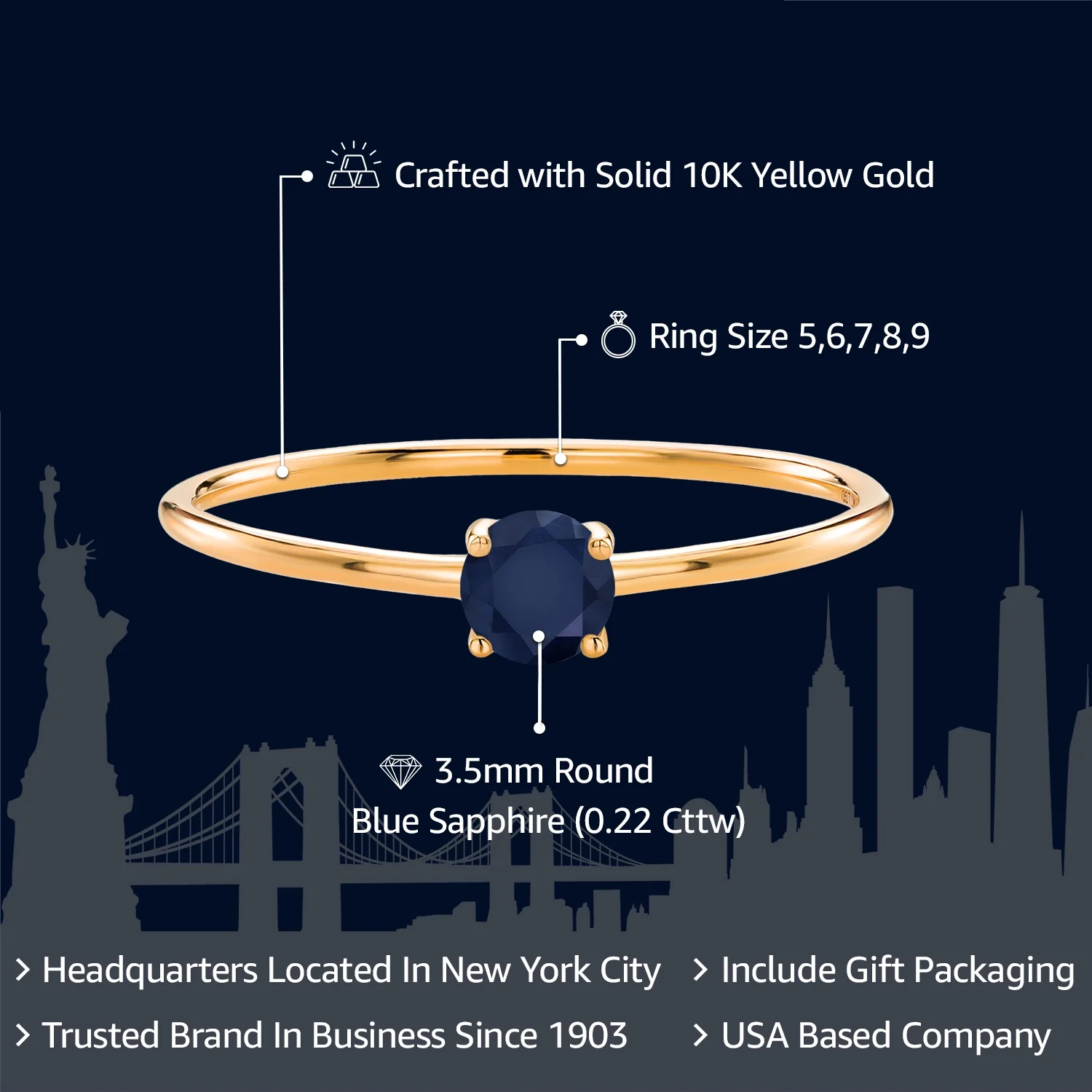 Gem Stone King 10K Yellow Gold Blue Sapphire Solitaire Engagement Ring For Women (0.22 Cttw, Round 3.5MM, Gemstone September Birthstone, Size 9)