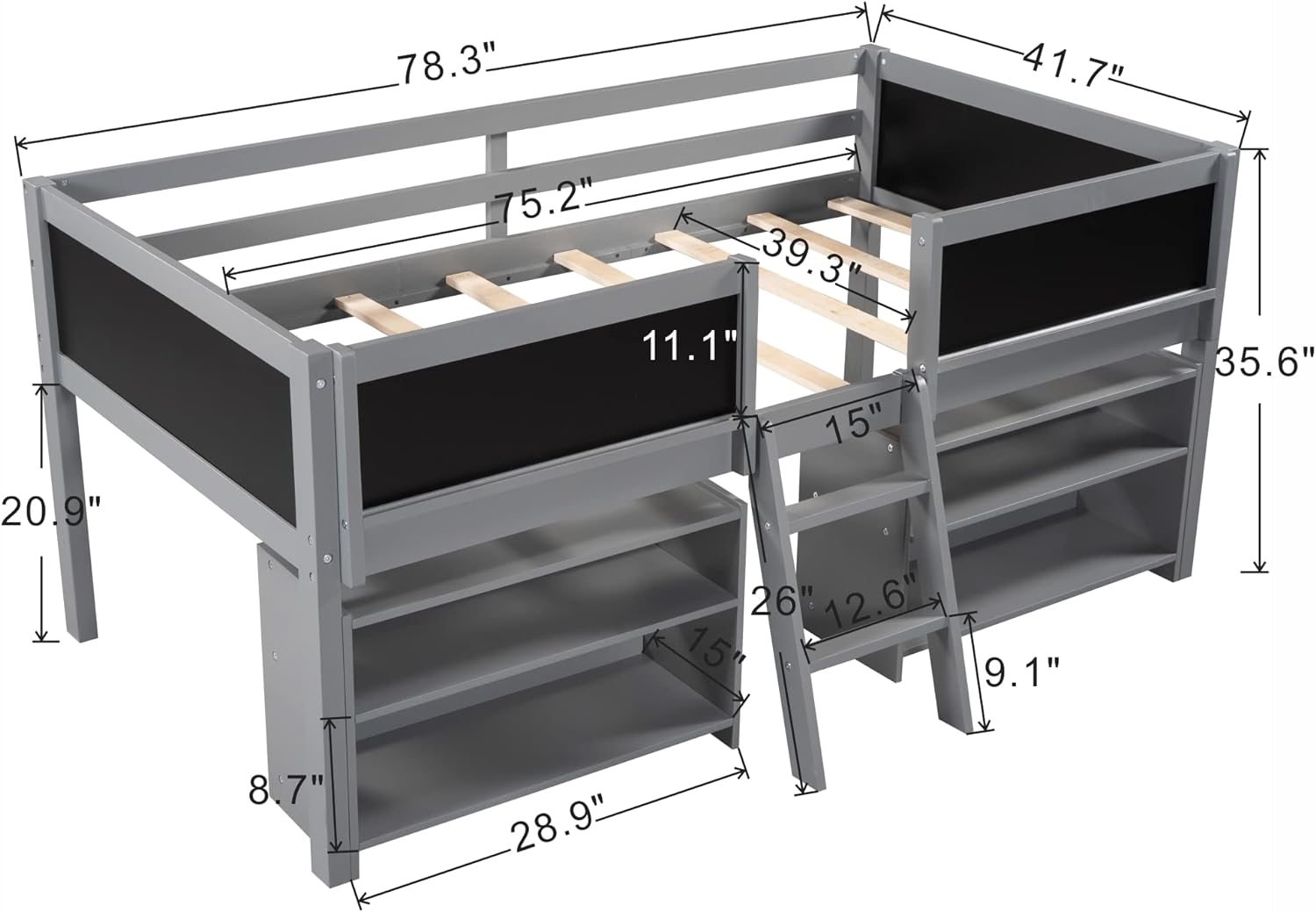 Low Loft Bed With Two Movable Shelves Ad Ladder, Juior Loft Bed With Decorative Guardrail Chalkboard, Wood Kids Loft Bed For Girls Boys,Grey
