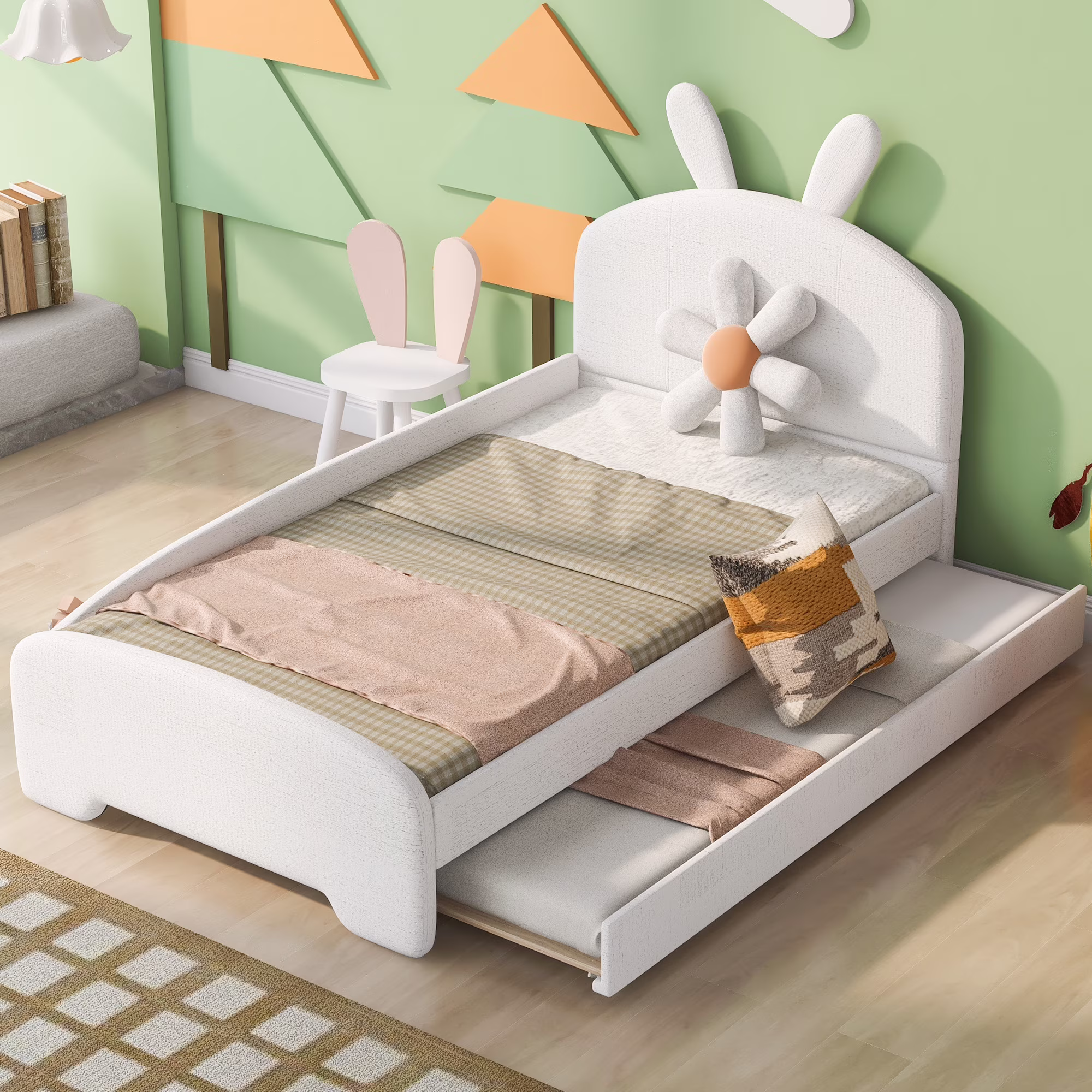 CoSoTower Twin Size Upholstered Platform Bed with Cartoon Ears Shaped Headboard and Trundle, White