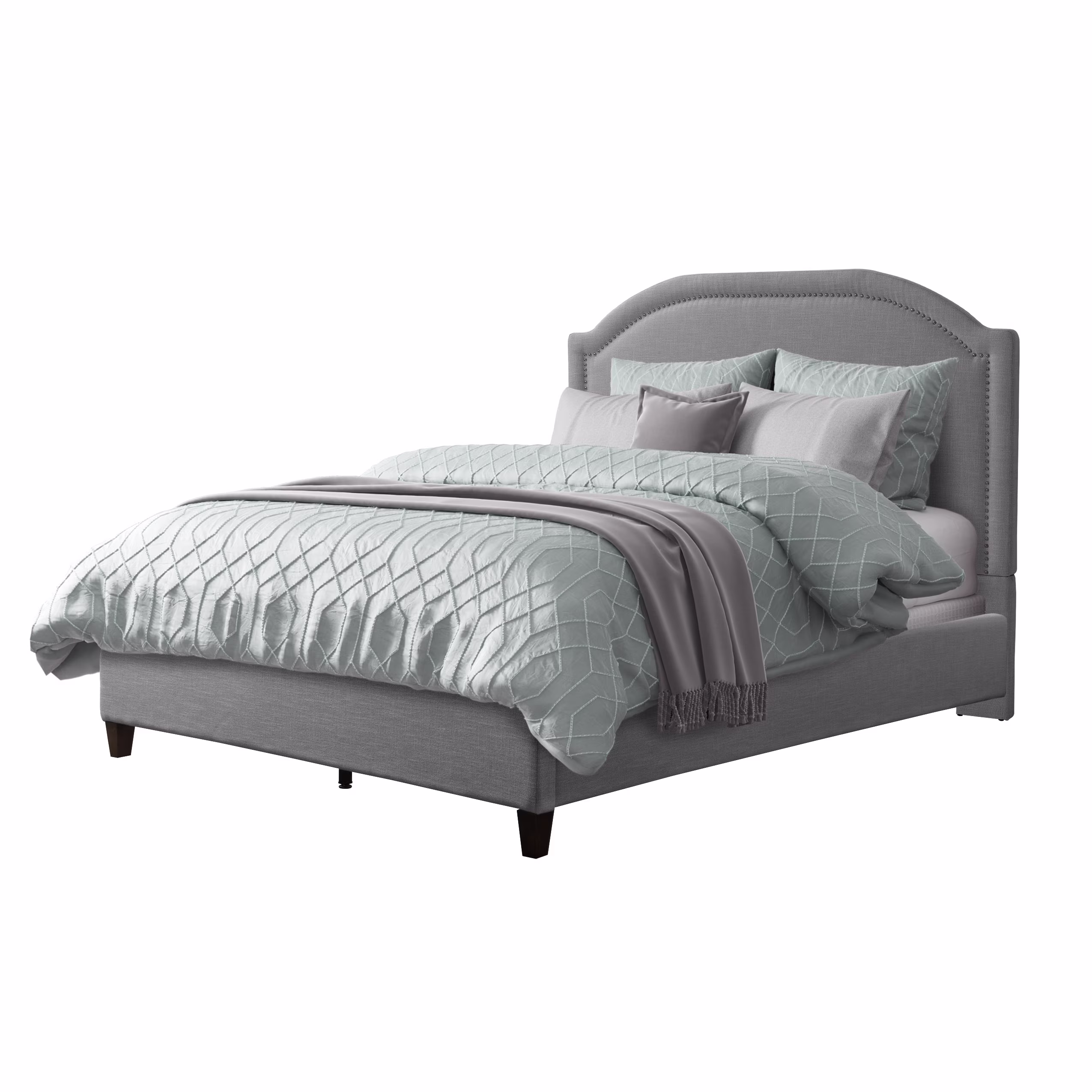CorLiving FLR-523-Q Grey Fabric Queen Bed Frame with Arched Headboard and Nailhead Trim Accents