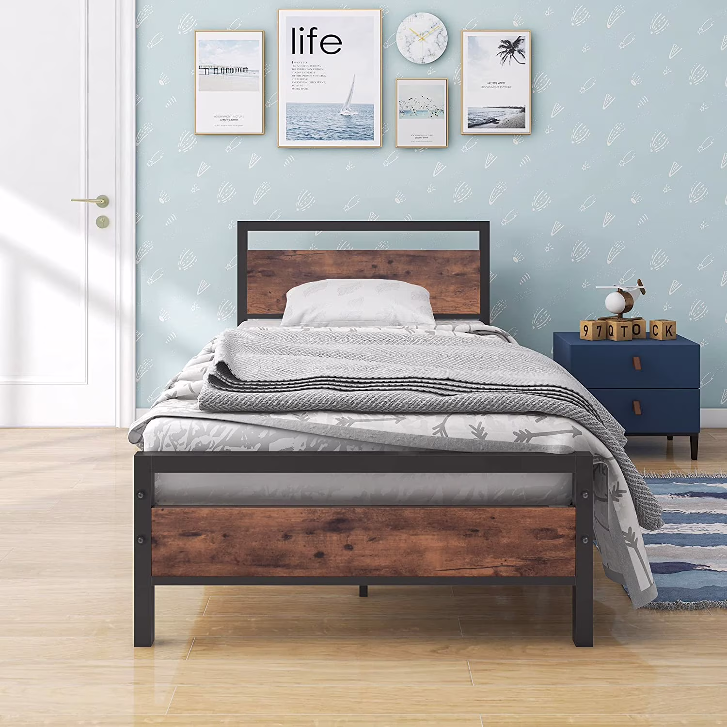 King Size Bed Frames with Wood Headboard and Footboard Heavy Duty Platform Bed Frame with Storage No Box Spring Needed Steel Slats Mattress Foundation Square Pipe Design Noise Free Brown