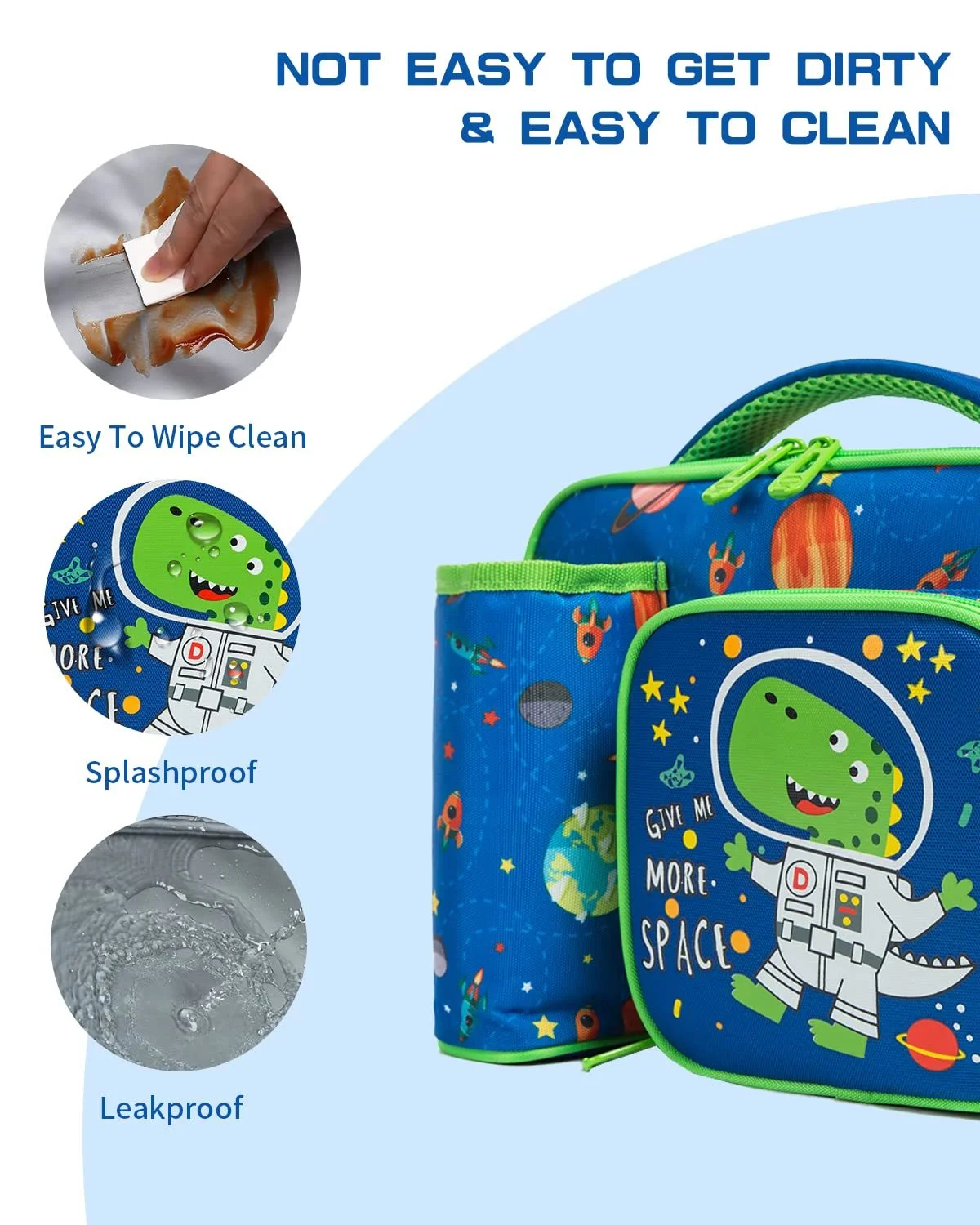 IvyH Kids Insulated Lunch Bag Reusable Lunch Box Thermal Meal Tote Bag,Leakproof Cooler Lunchbox 3 Compartments with Water Bottle Holder,Blue Dinosaur