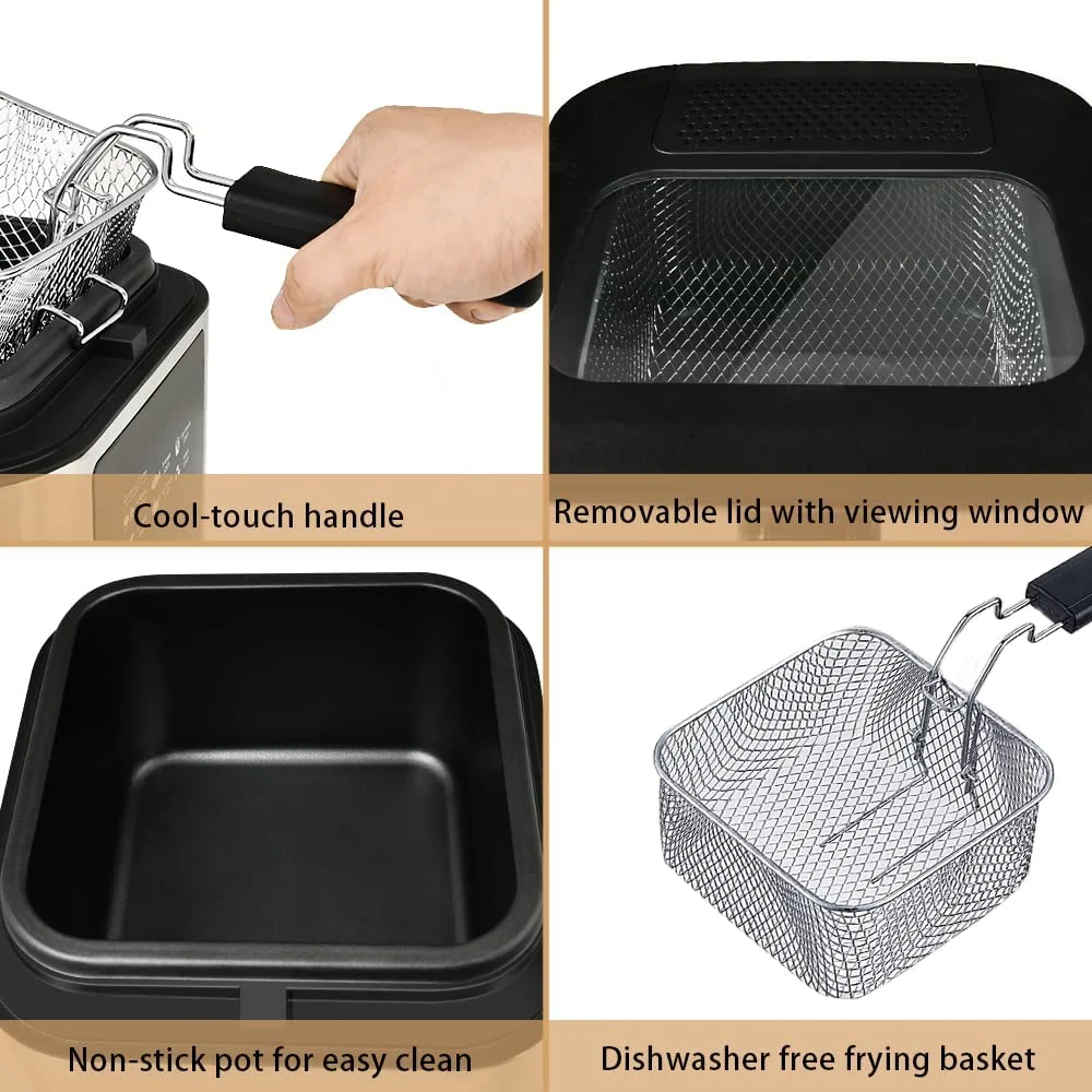 Deep Fryer, Cusimax Electric Deep Fryer with Basket, Oil Thermostat, 2.5l/2.64qt Deep Fat Fryers with Timer, Removable Lid, View Window, Cool Touch Handle, Stainless Steel Oil Fryer with Drain Hook