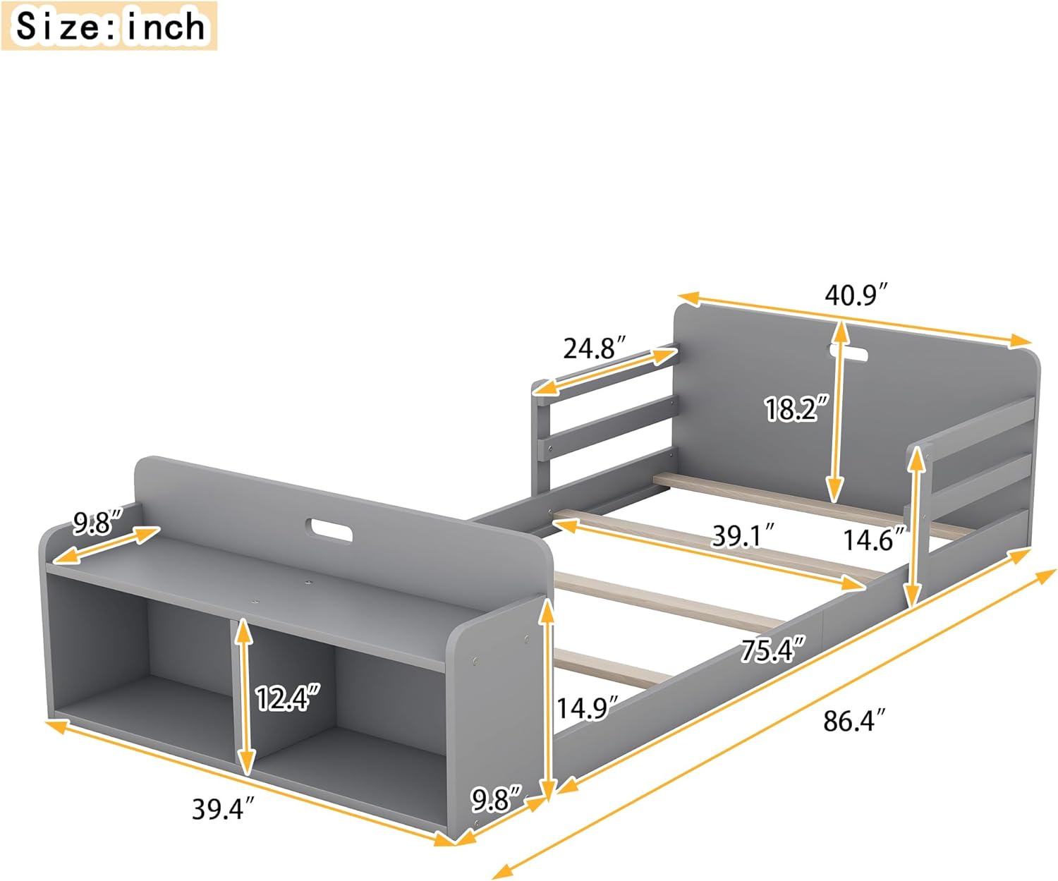 Floor Bed With Half Guardrail Wood Low Bed Frame With Storage Footboard