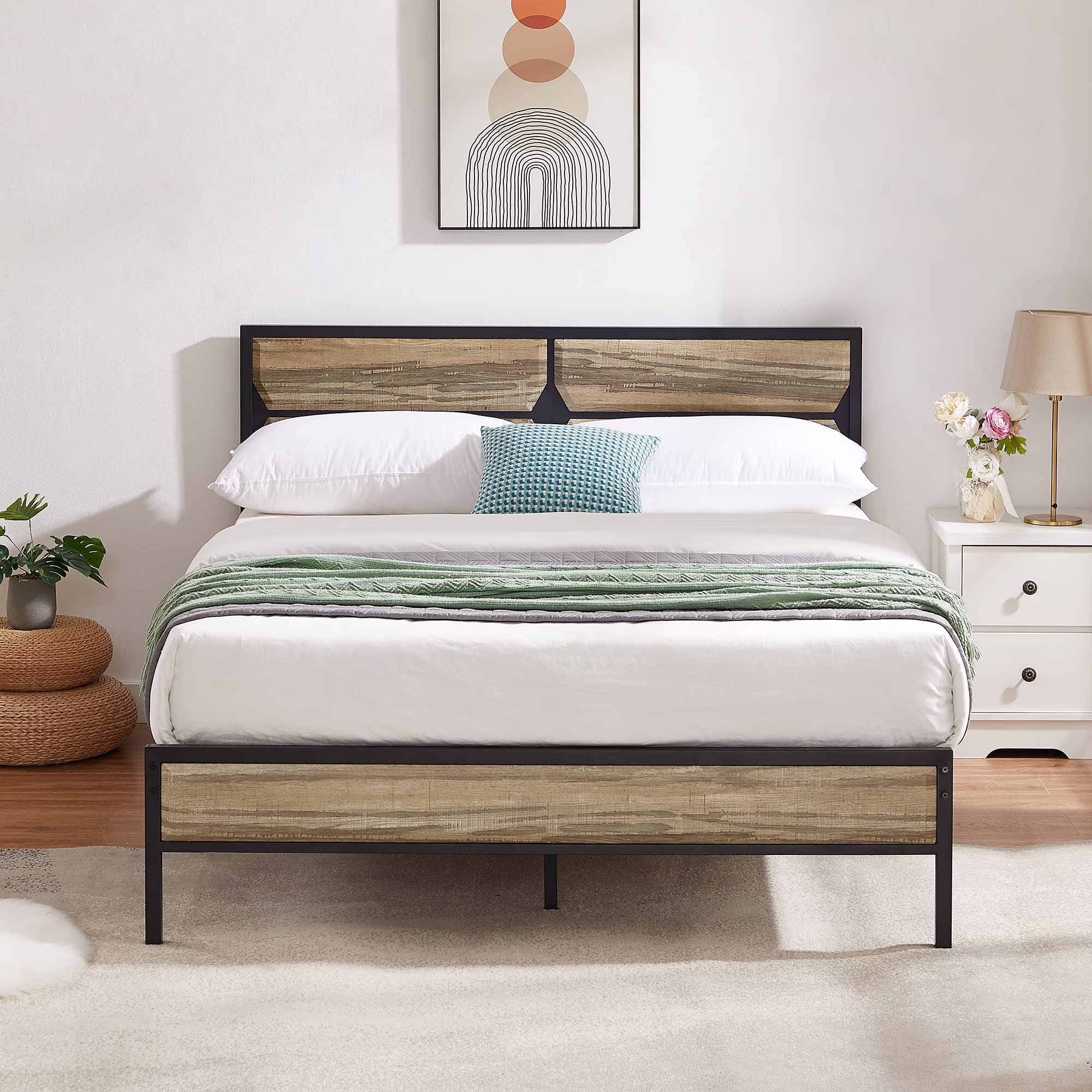 VECELO Queen Size Metal Bed Frame with Wooden Headboard and Footboard, Heavy Duty Platform Metal Bed Frame, No Box Spring Needed, Slate