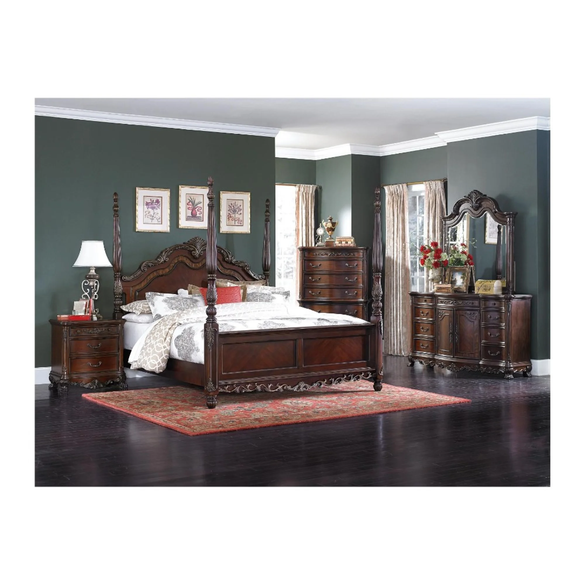 Traditional Style Multistorage Carved Wooden Dresser, Cherry Brown