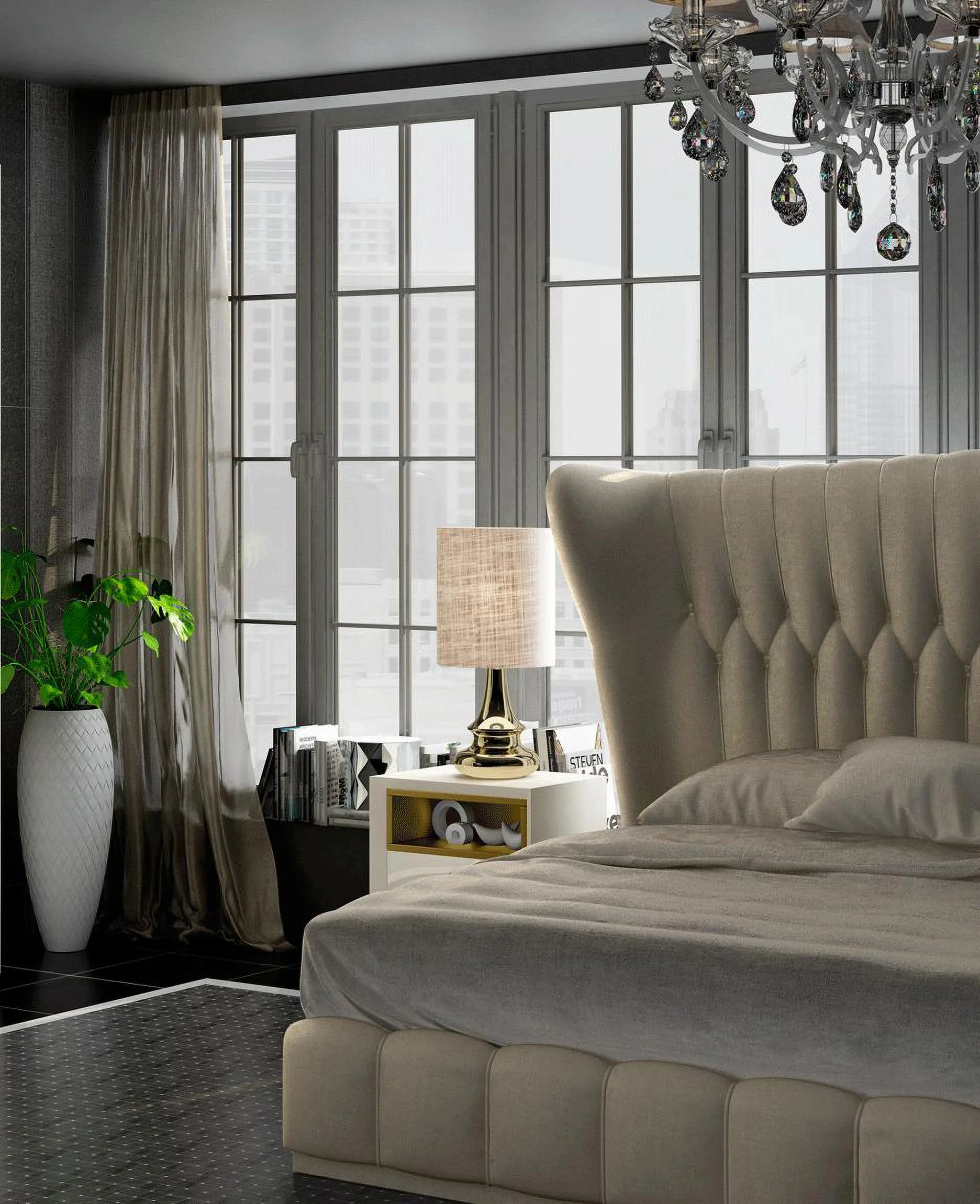 Beige Eco Leather Tufted King Bed Modern Made in Spain Soflex Velvet