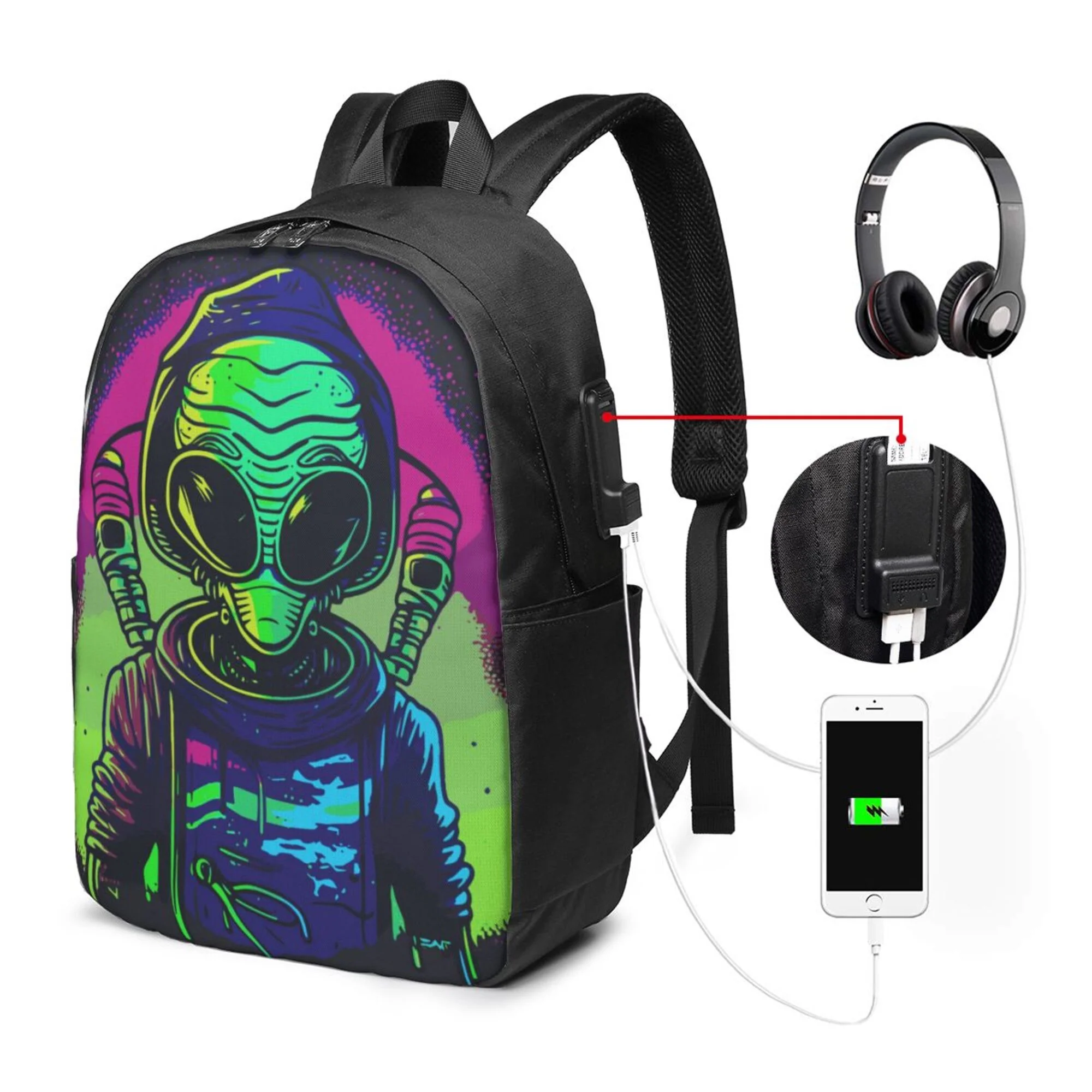 TEQUAN Travel Laptop Backpack, Colorful Hipster Alien Graffiti Prints Outdoor Hiking Bag School Bookbag Casual Lightweight Daypack