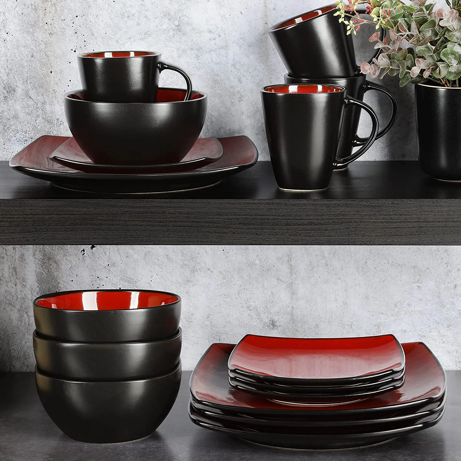 Soho Lounge 16-Piece Square Reactive Glaze Dinnerware Set Red