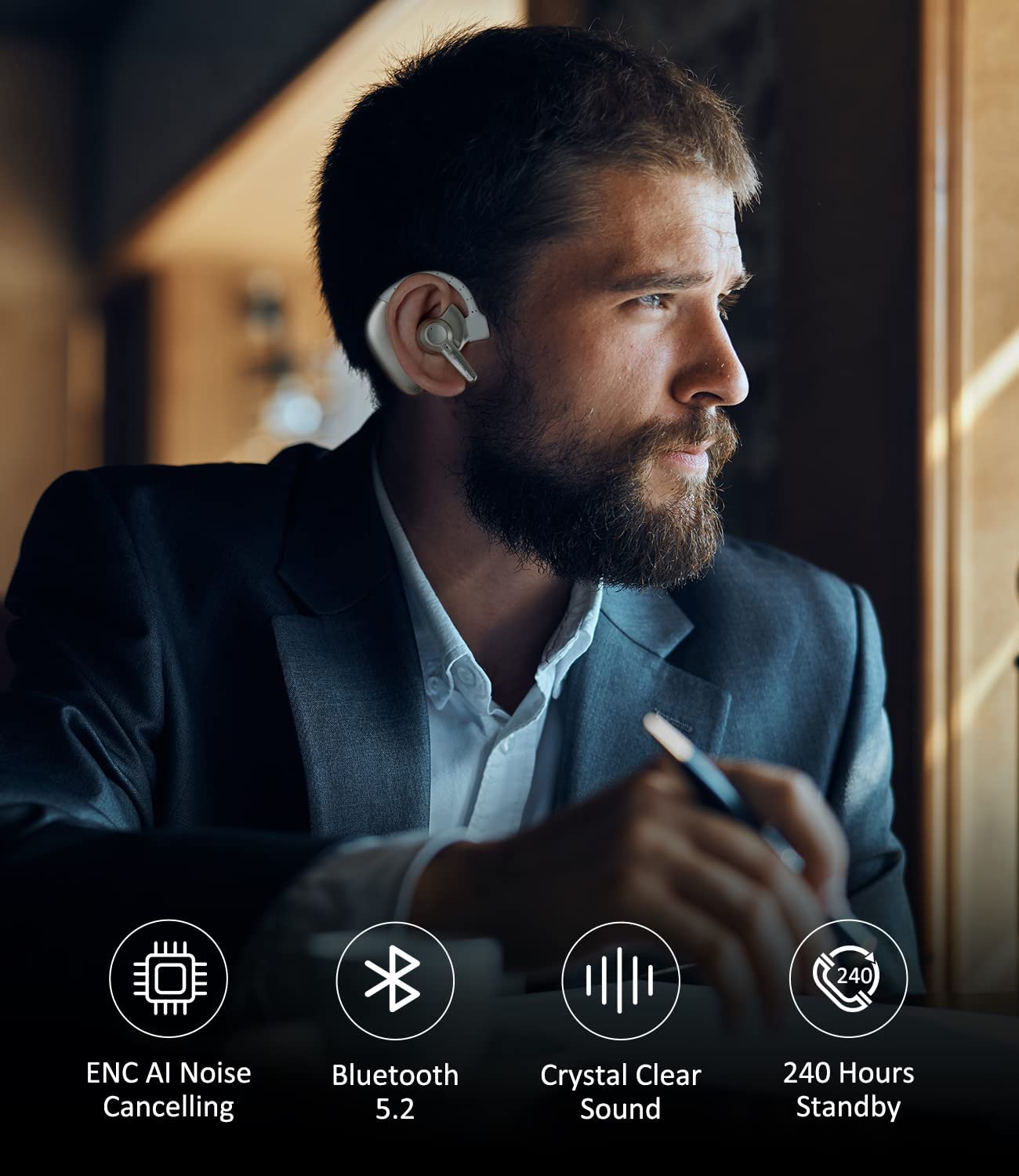 Dual-Mic AI Noise Cancelling Bluetooth for Cell Phones 10 Days Standby 30Hrs HD Talktime Bluetooth Earpiece -