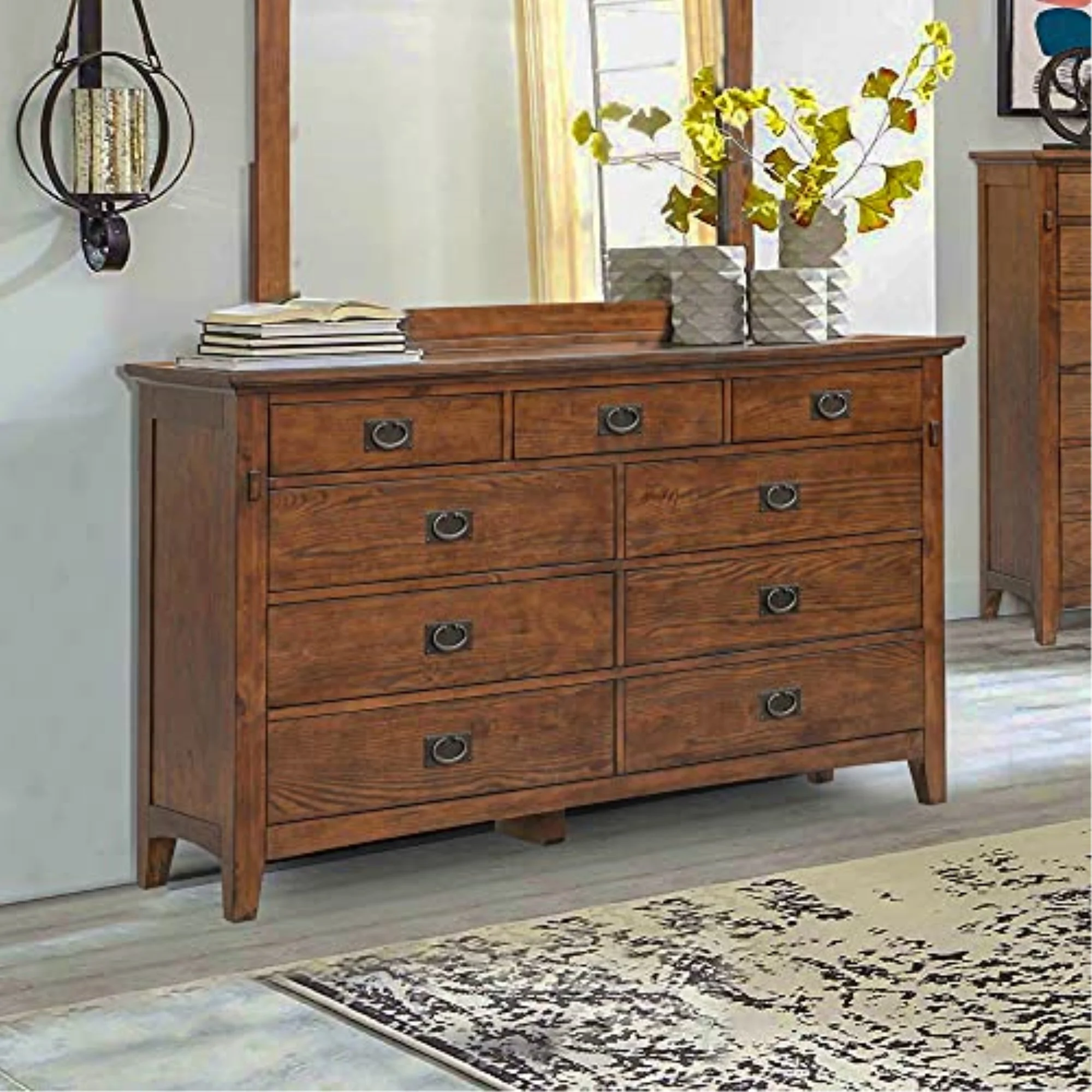 Sunset Trading Mission Bay 9-Drawer Wood Double Bedroom Dresser in Amish Brown