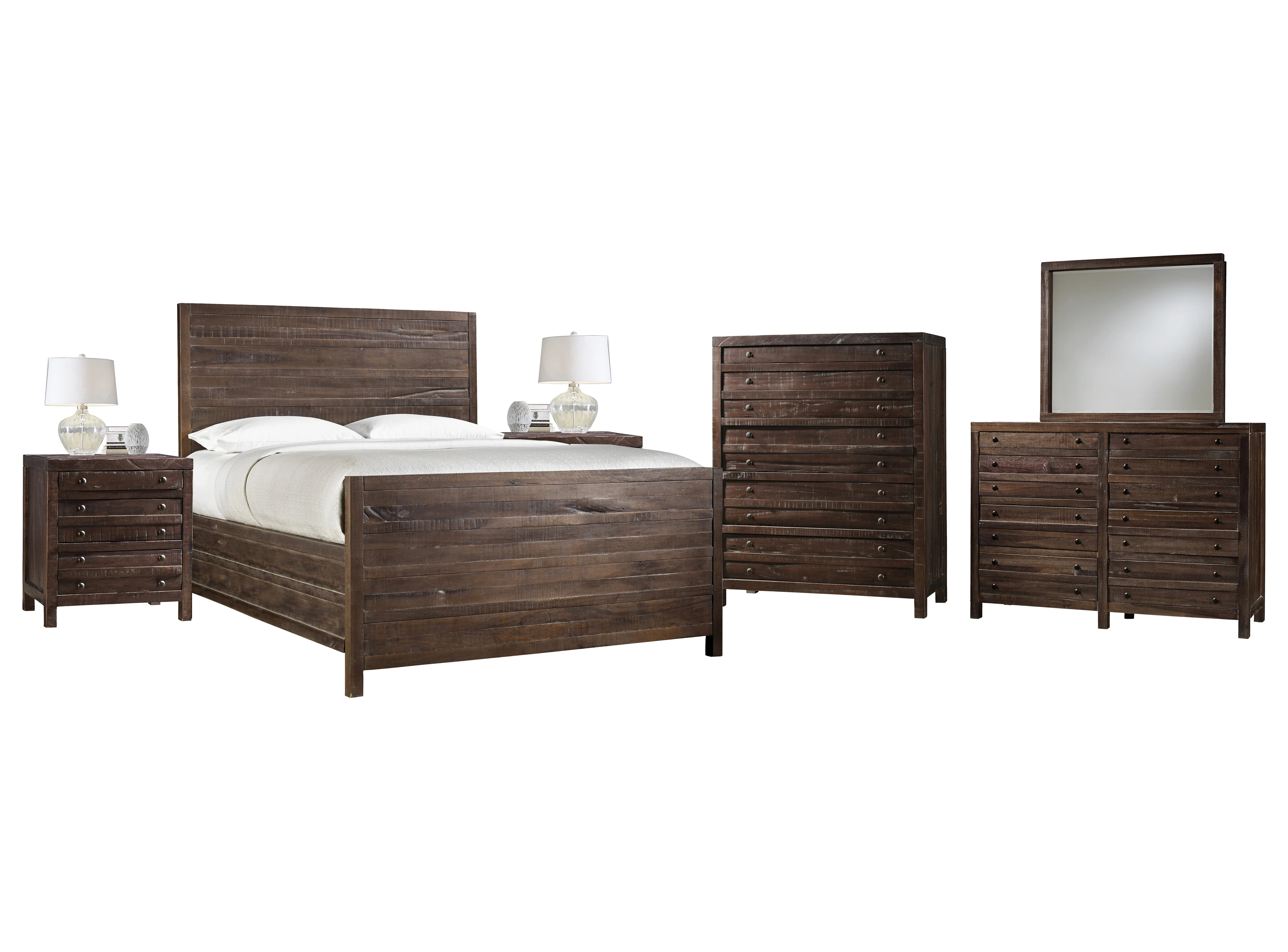 Tempton 6PC Cal King Platform Bed, 2 Nightstand, Dresser, Mirror & Chest Set in Coffee Brown