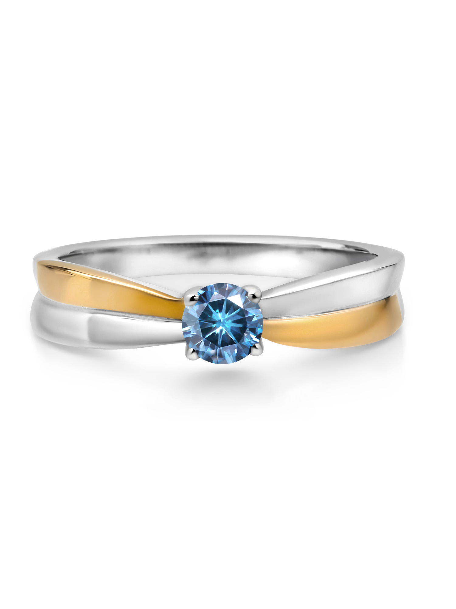 Gem Stone King 925 Silver and 10K Yellow Gold Persian Blue Moissanite Solitaire Engagement Ring For Women (0.23 Cttw, Round 4MM, Gemstone Birthstone, Available In Size 5, 6, 7, 8, 9)