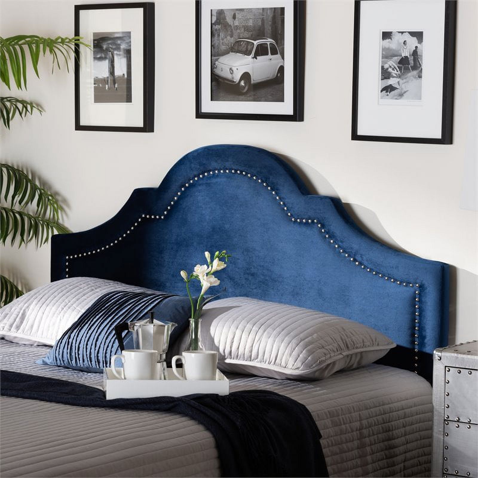 Bowery Hill Modern Velvet/Wood Queen Headboard with Adjustable Legs in Navy Blue