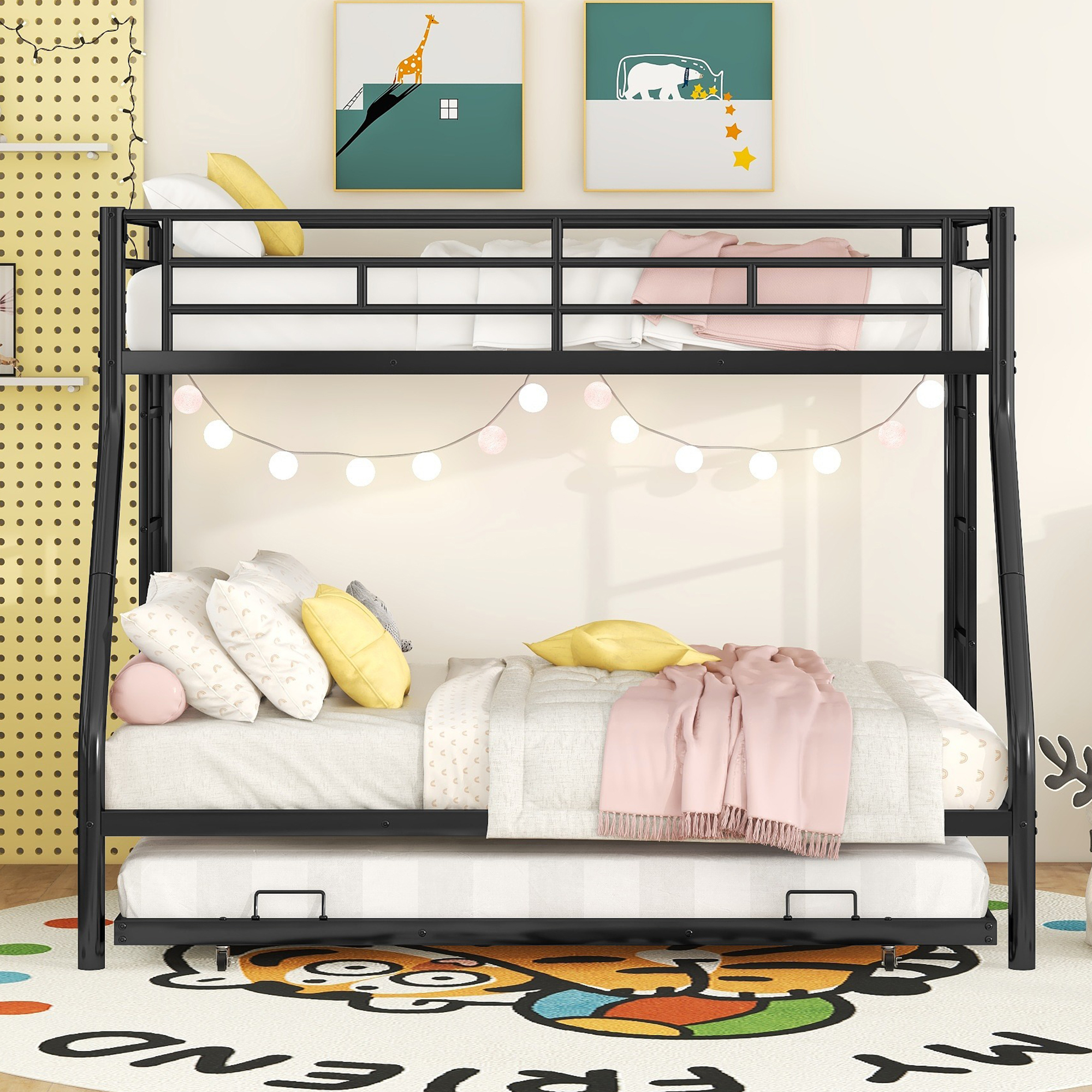 Bellemave Twin Over Full Bunk Beds with Trundle, Metal Bunk Bed Frame with Two-Side Ladders and Safety Rail, Thickened Metal Bed for 3 Kids Boys Girls Adults,Black