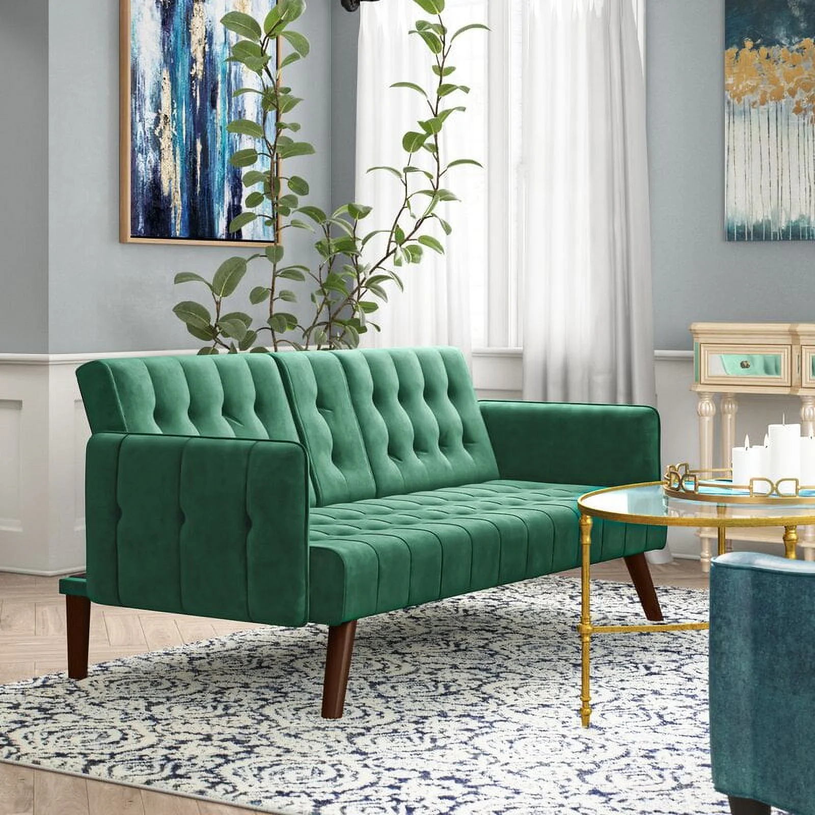 Uspridefurniture Beniamino 78'' Velvet Square Arm Sleeper, Green