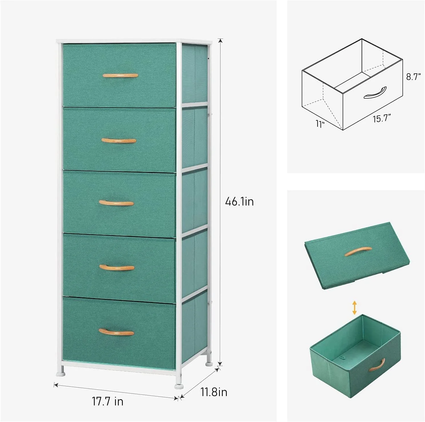 Dresser for Bedroom with 5 Drawers, Sturdy Metal Frame, with Wooden Handle and Wooden Top, Organizer Unit for Closet/Hallway, Green
