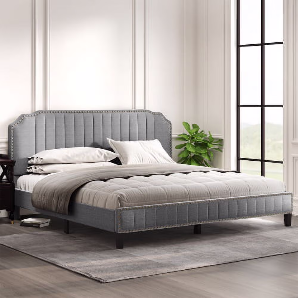 King Upholstered Platform Bed with Headboard, Modern Linen Curved Upholstered Platform Bed with Nailhead Trim for Kids,Gray