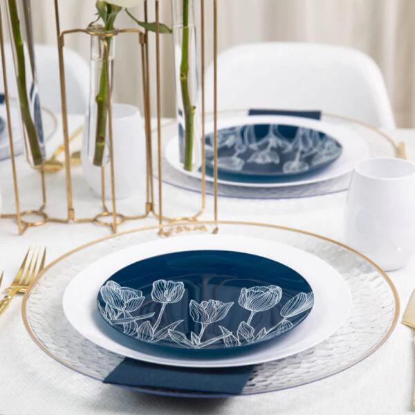 VeZee 40 Piece Navy Tulip Round 7.5 inches Salad/Dessert Plastic Plates for Elegant Parties, Weddings & All Occasions