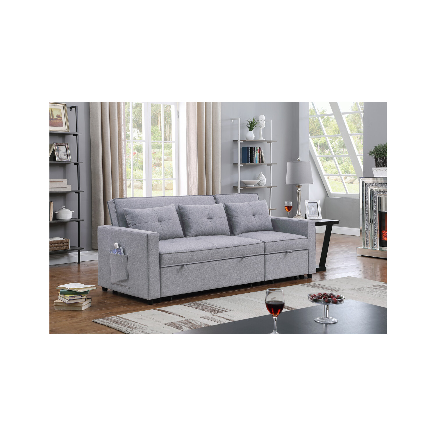 Zoey Light Gray Linen Convertible Sleeper Sofa with Side Pocket