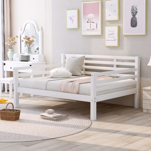 Full Size Wood Daybed with Headboard, Wood Sofa Bed Full with Wooden Slats Support, No Box Spring Needed, Wood Sofa Bed with Clean Lines, Full Daybed for Guest room and Bedroom Living Room(White)