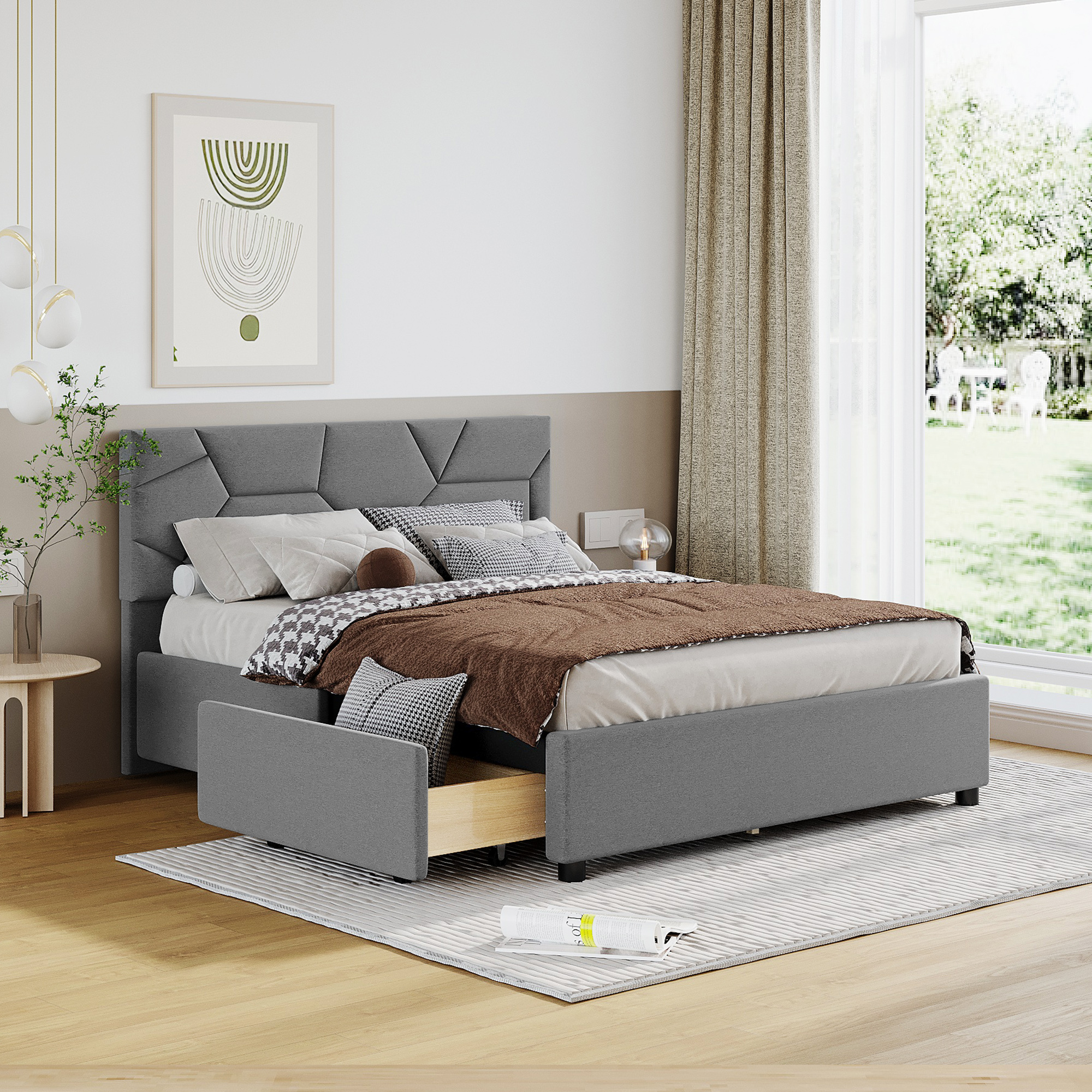 Dawn Whisper Full Size Upholstered Platform Bed with Brick Pattern Headboard and 4 Drawers, Linen Fabric, Gray