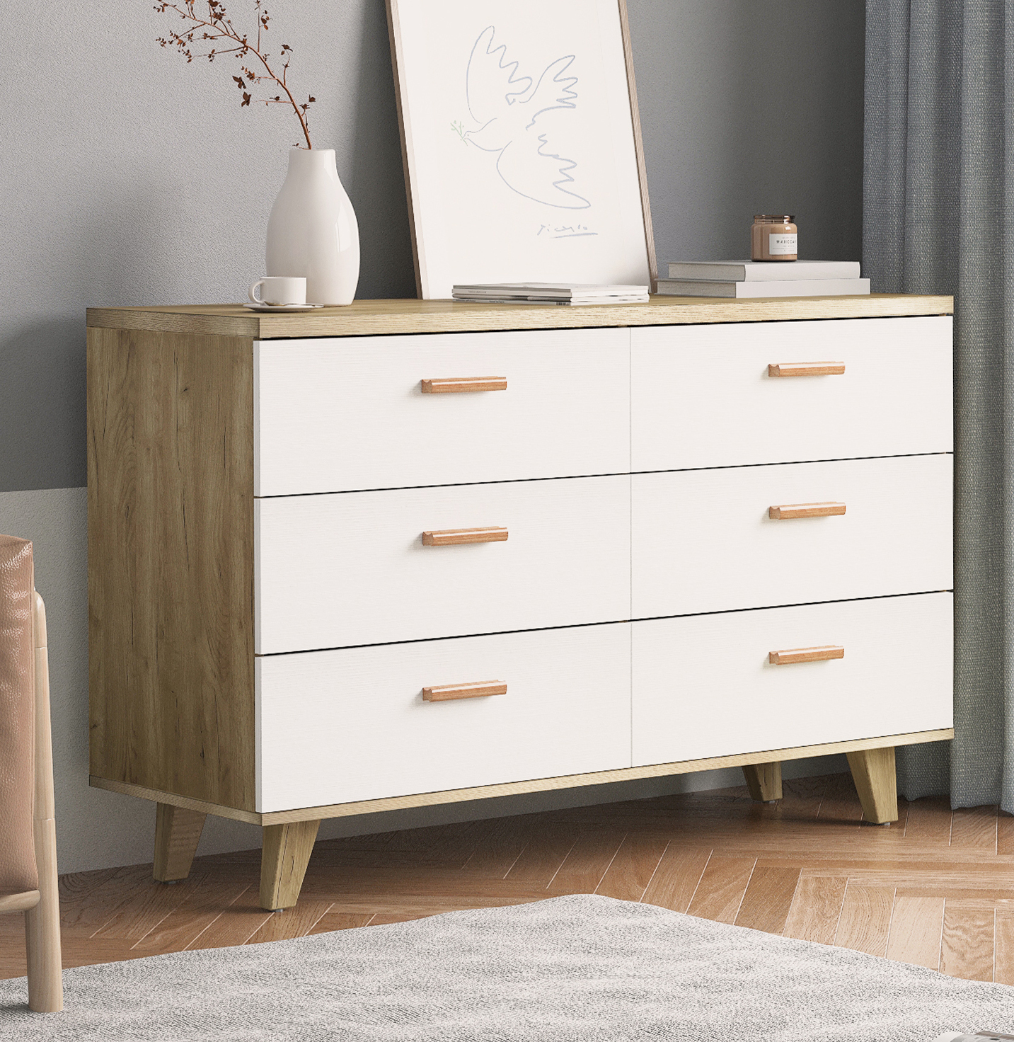 CQSXDA 6 Large Drawer Double Dresser - Modern Chest of Drawers,Storage Organizer Dresser, Space Savingor Living Room, Hallway, Bedroom, Kids, Brown +White