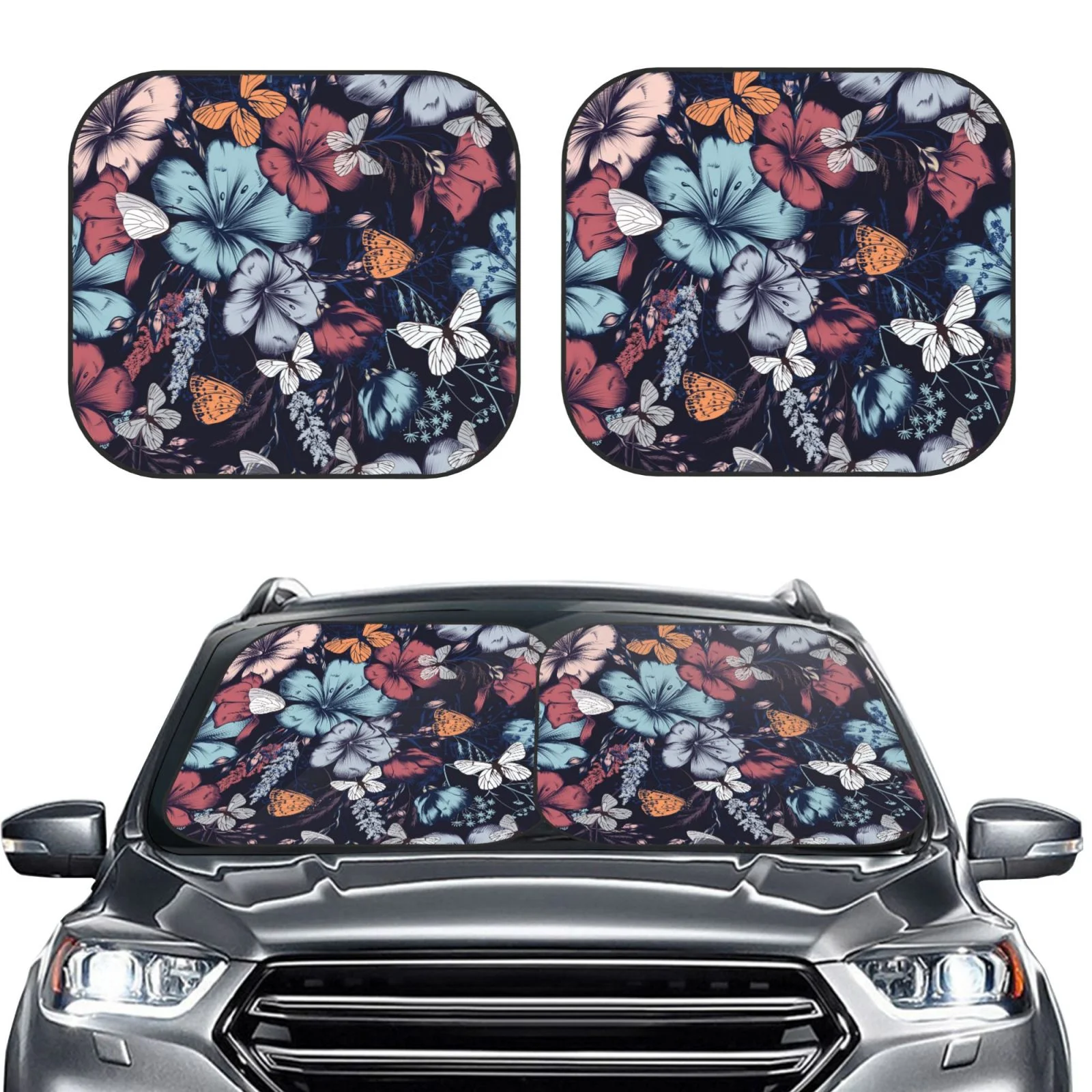 Lukts Flowers Ad Butterflies Print 2 Piece Car Sun Shade Windshield,Foldable Car Shade Front Windshield With Keeps Your Vehicle Cool, For Most Sedans Suv And Trucks - Small