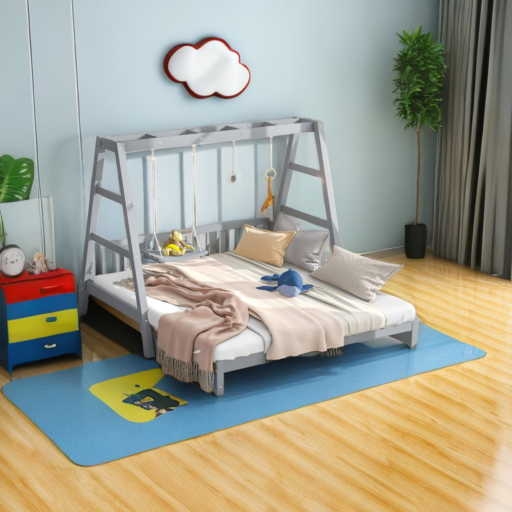 Extendable Twin Daybed with Swing and Ring Handles, (Twin Bed can be Pulled Out to be King)