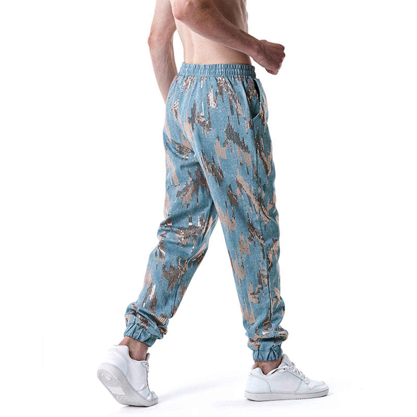 Mens Loose Sequins Leggings Youth Fashion Casual Dance Party Leggings Pants Sweatpants Blue M