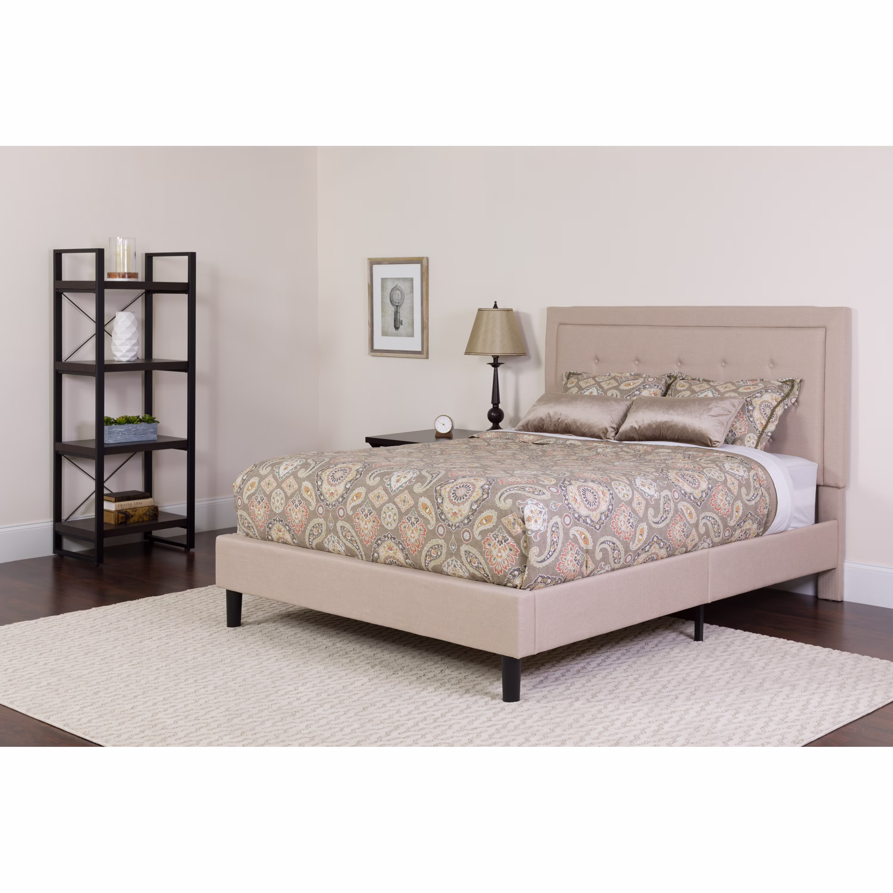 Emma + Oliver Twin Panel Tufted Platform Bed/Mattress in Beige Fabric