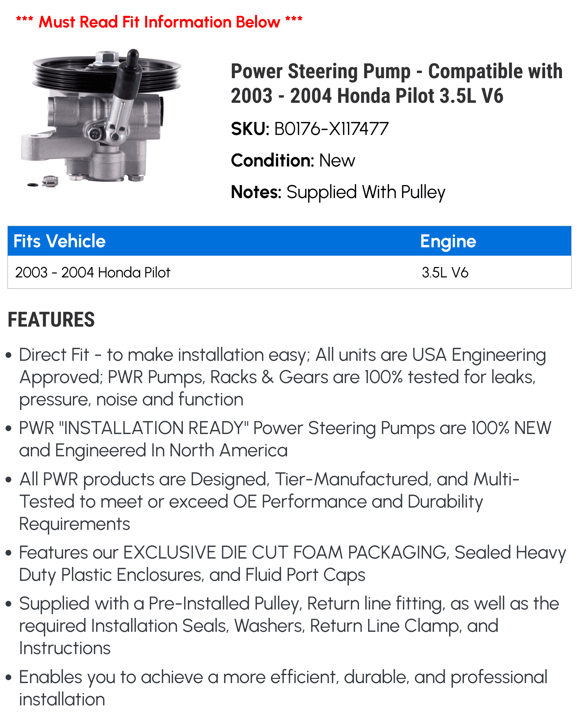 Power Steering Pump - Compatible with 2003 - 2004 Honda Pilot 3.5L V6