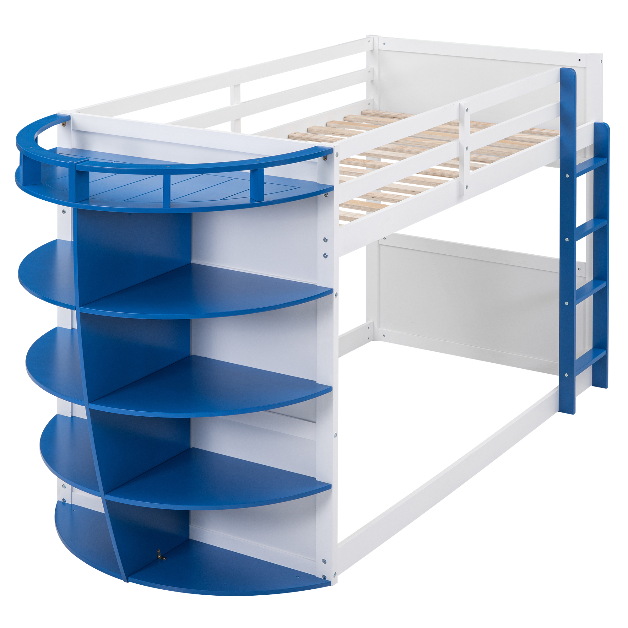 Nestfair Blue Twin over Twin Boat-Like Shape Bunk Bed with Shelves