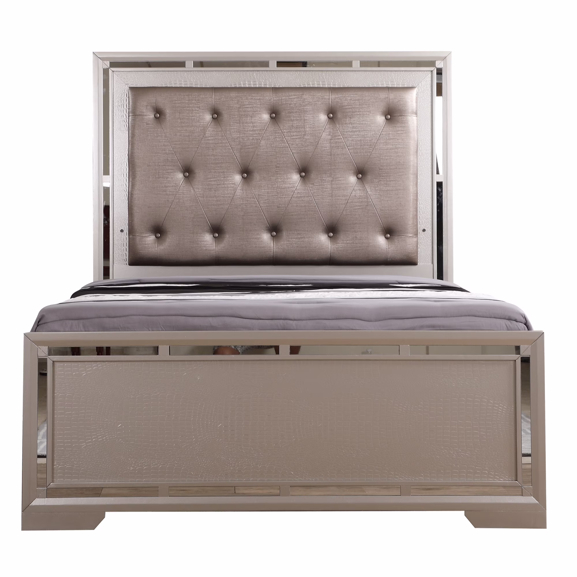 Passion Furniture  Alana Glam Panel Bed, Silver Champagne - Queen Size