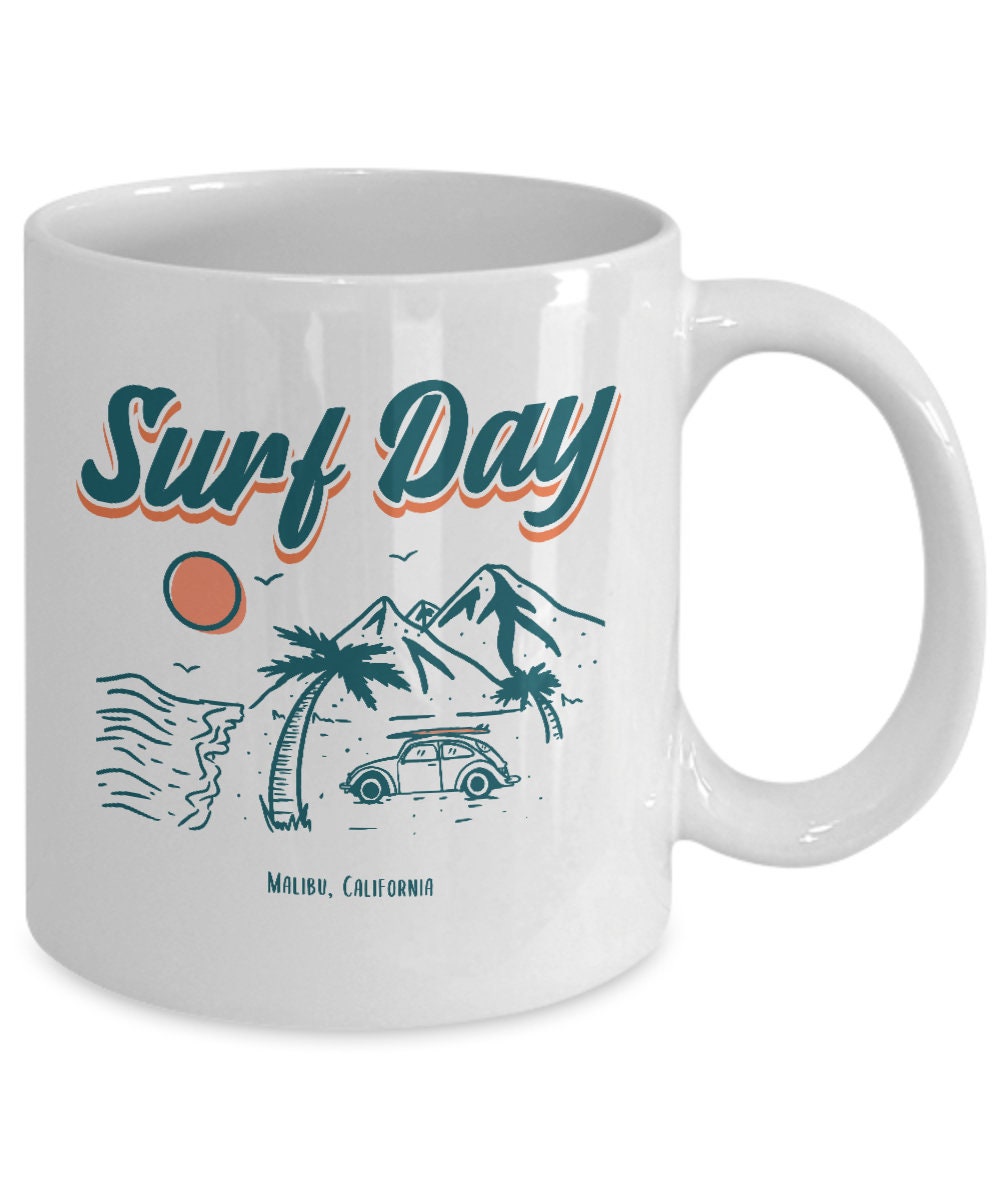Vintage Surf Day Mountains Malibu Beach California White Gift coffee mug