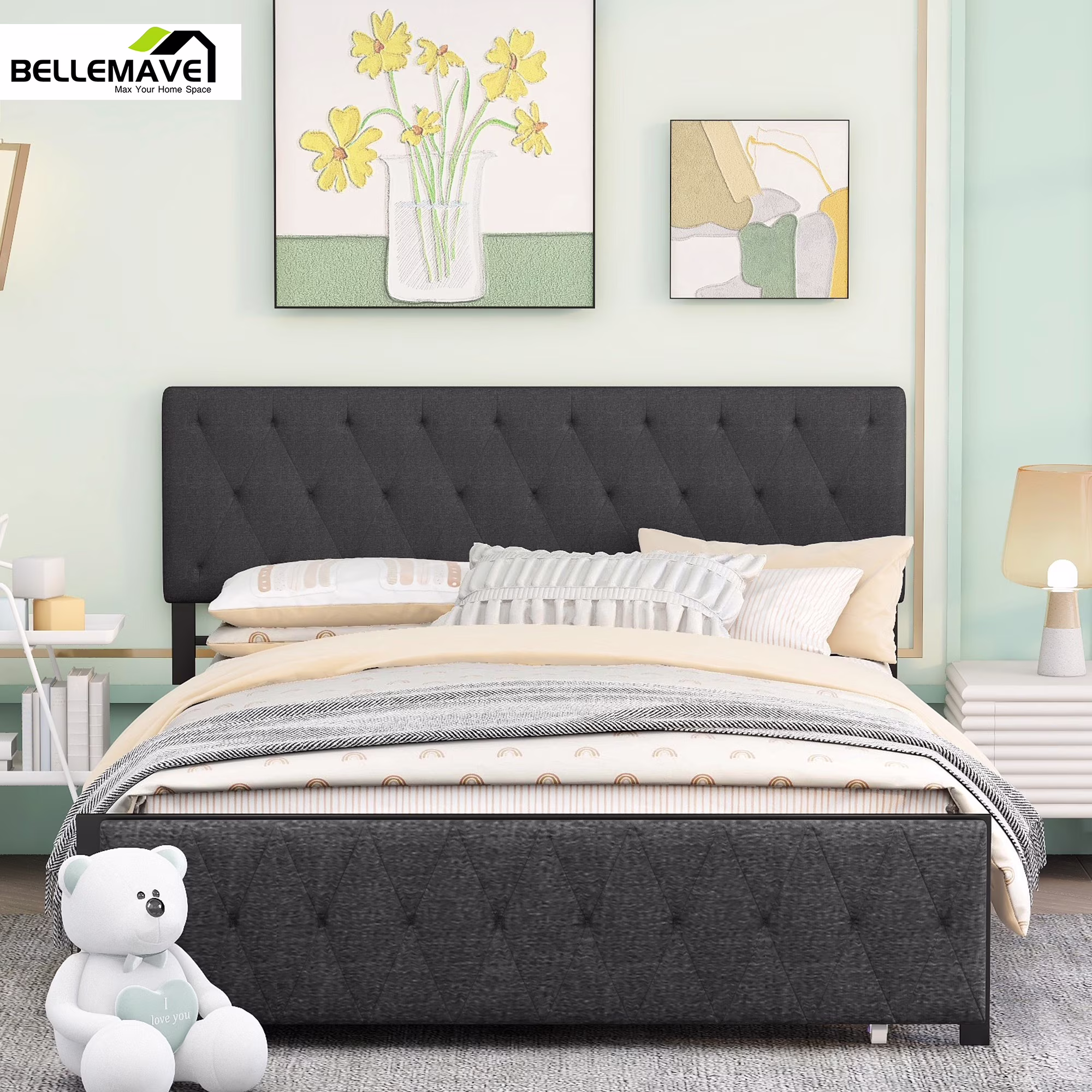 Bellemave Queen Size Metal Platform Bed Frame with Storage Drawer, Platform Bed with Tufted Upholstered Headboard and Footboard, Dark Gray