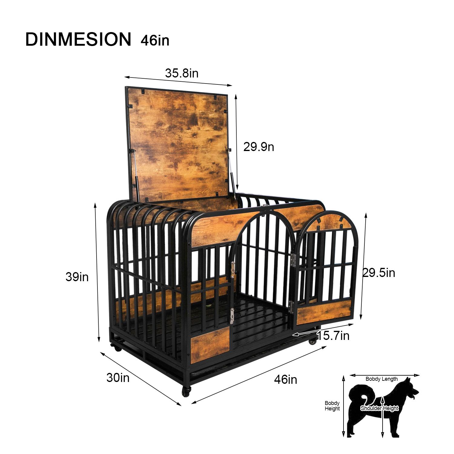 Dog Crate Furniture,46in Dog Kennel with Pull-Out Tray and Lockable Omni-Directional Wheels, Hard Steel Pipe and Heavy Duty Wooden Panel