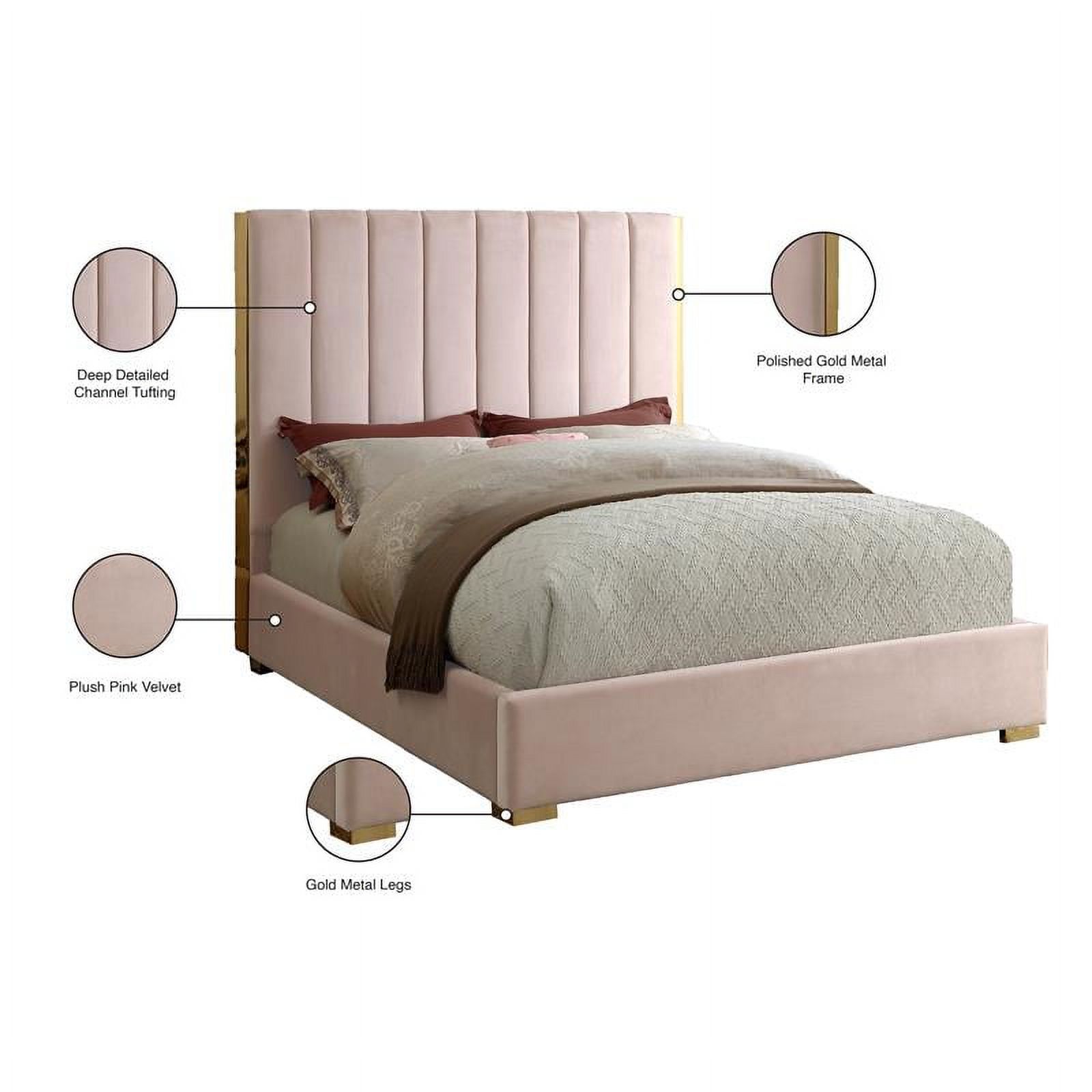 Meridian Furniture Becca Metal and Velvet Queen Bed in Pink