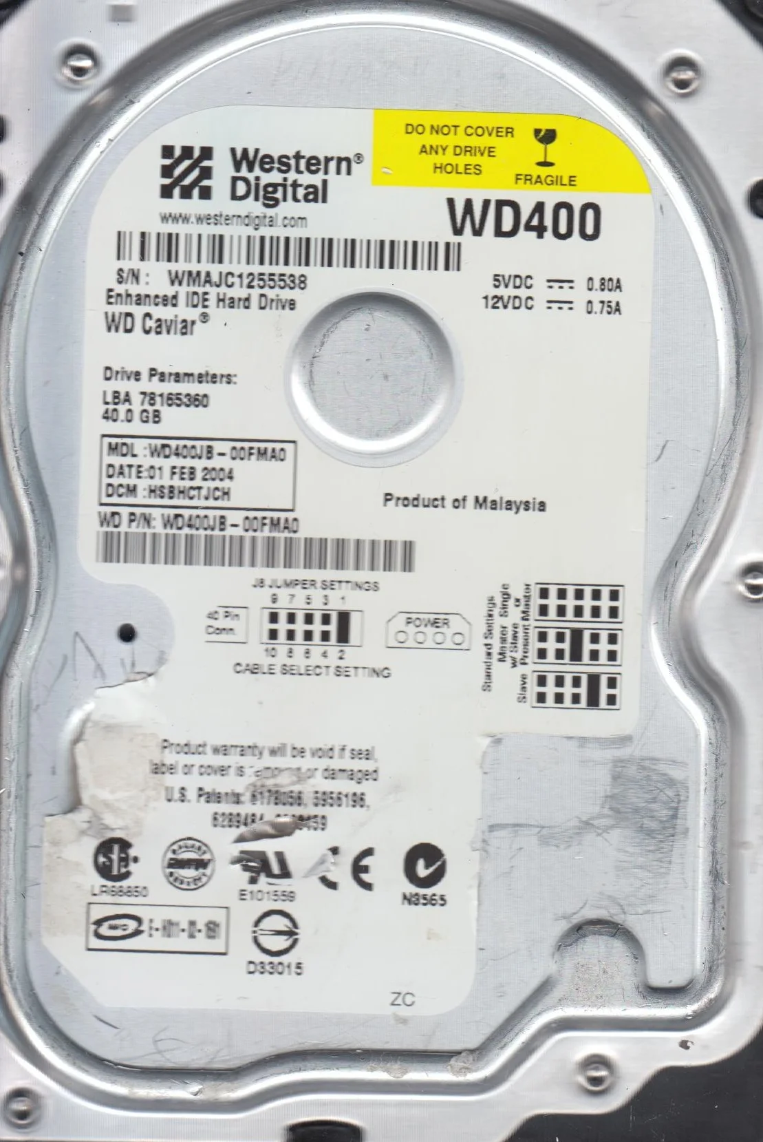 WD400JB-00FMA0, DCM HSBHCTJCH, Western Digital 40GB IDE 3.5 Hard Drive