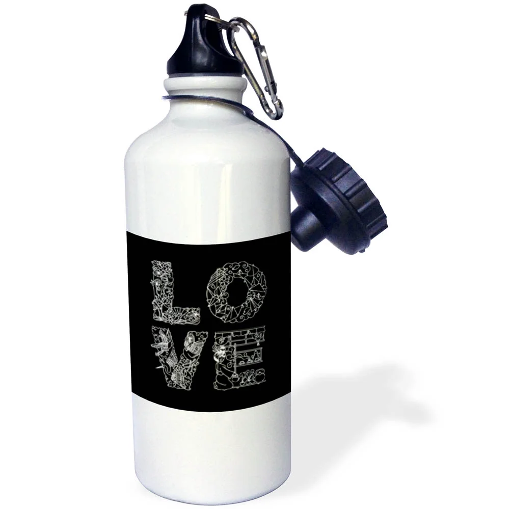 3dRose LOVE unique Decorative black text on white - Straw Water Bottle, 21-ounce