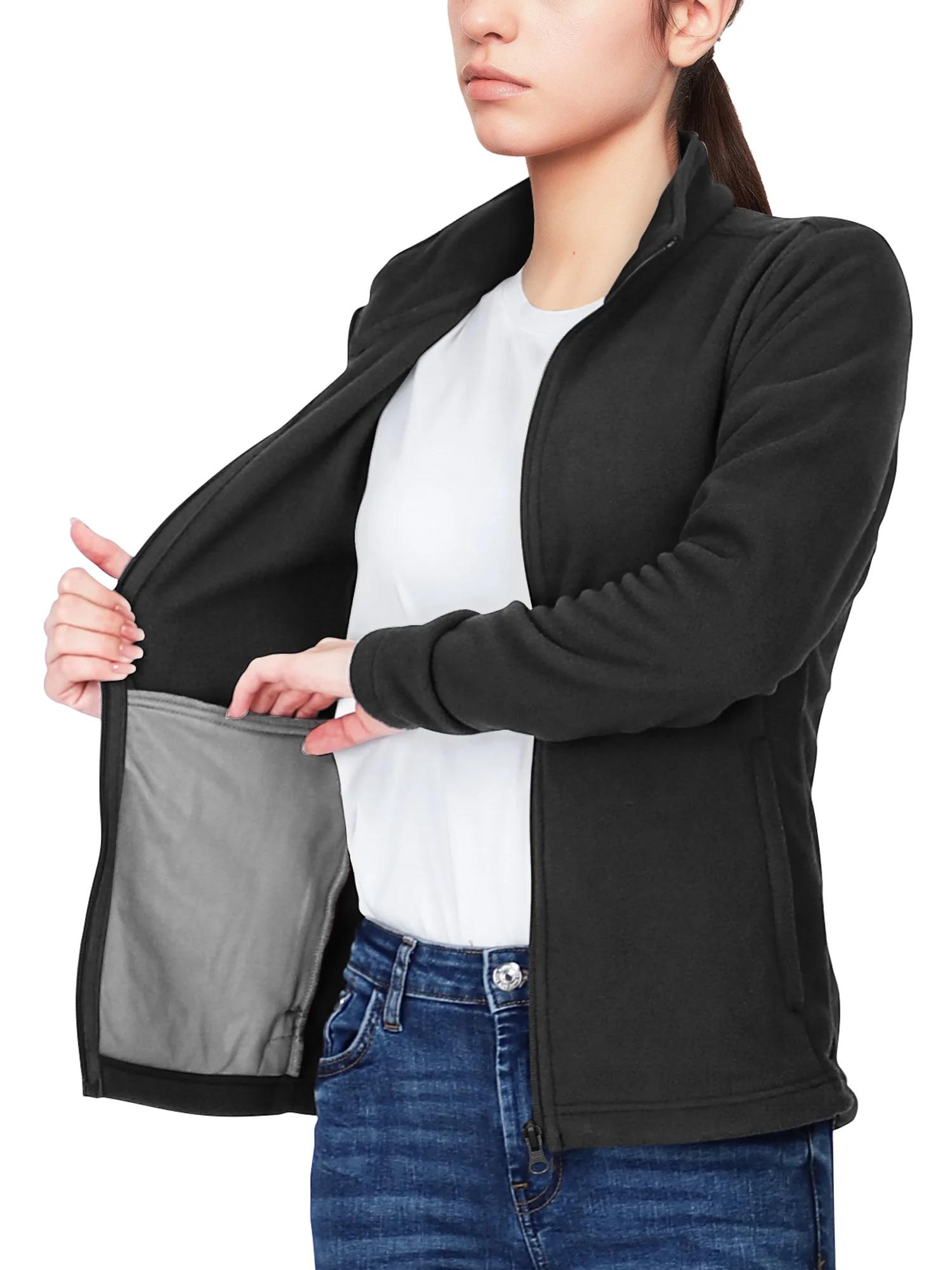 33,000ft Women's Zip Up Fleece Jacket, Long Sleeve Warm Soft Polar Lightweight Coat with Pockets for Winter Black Medium