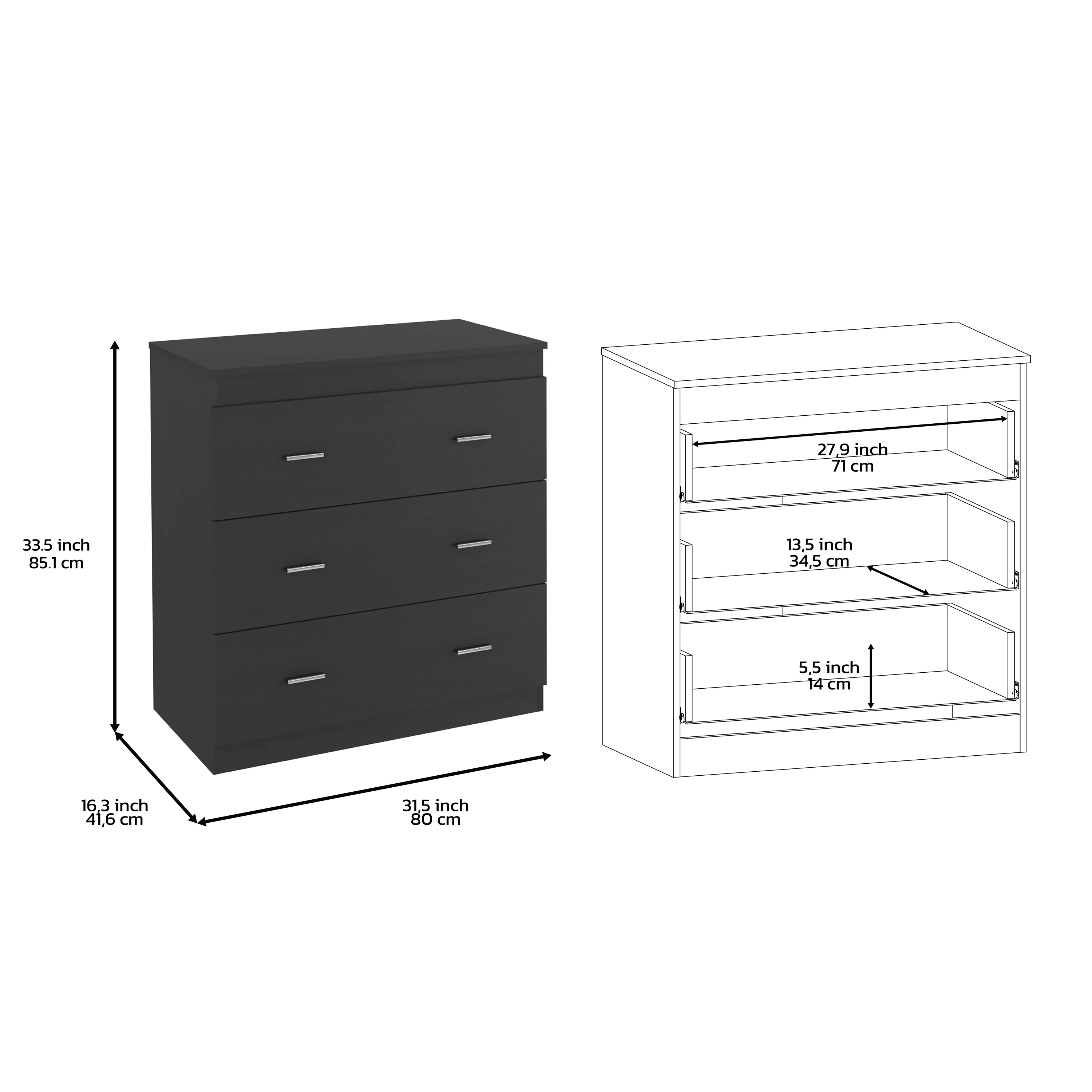 CoSoTower Three Drawer Dresser Litress, Metal Handles, Black Wengue Finish