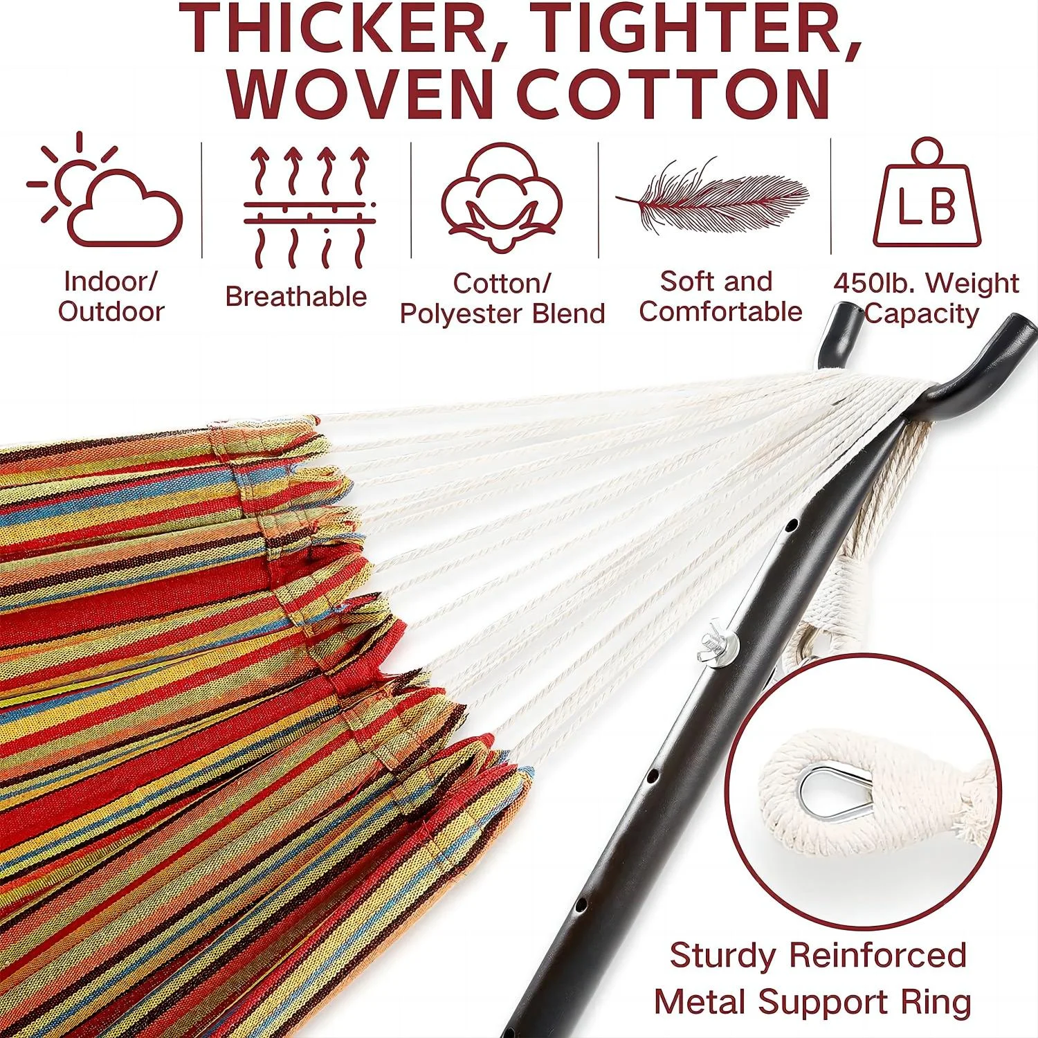 Inolait 2-Person Brazilian-Style Cotton Double Hammock with Stand Set with Carrying Bag - Red Stripes