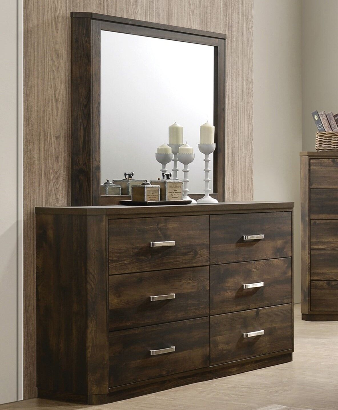 Contemporary Queen Bedroom Set 4pc Grooved Panels Bed Dresser Nightstand Mirror Rustic Walnut Finish Wooden Furniture