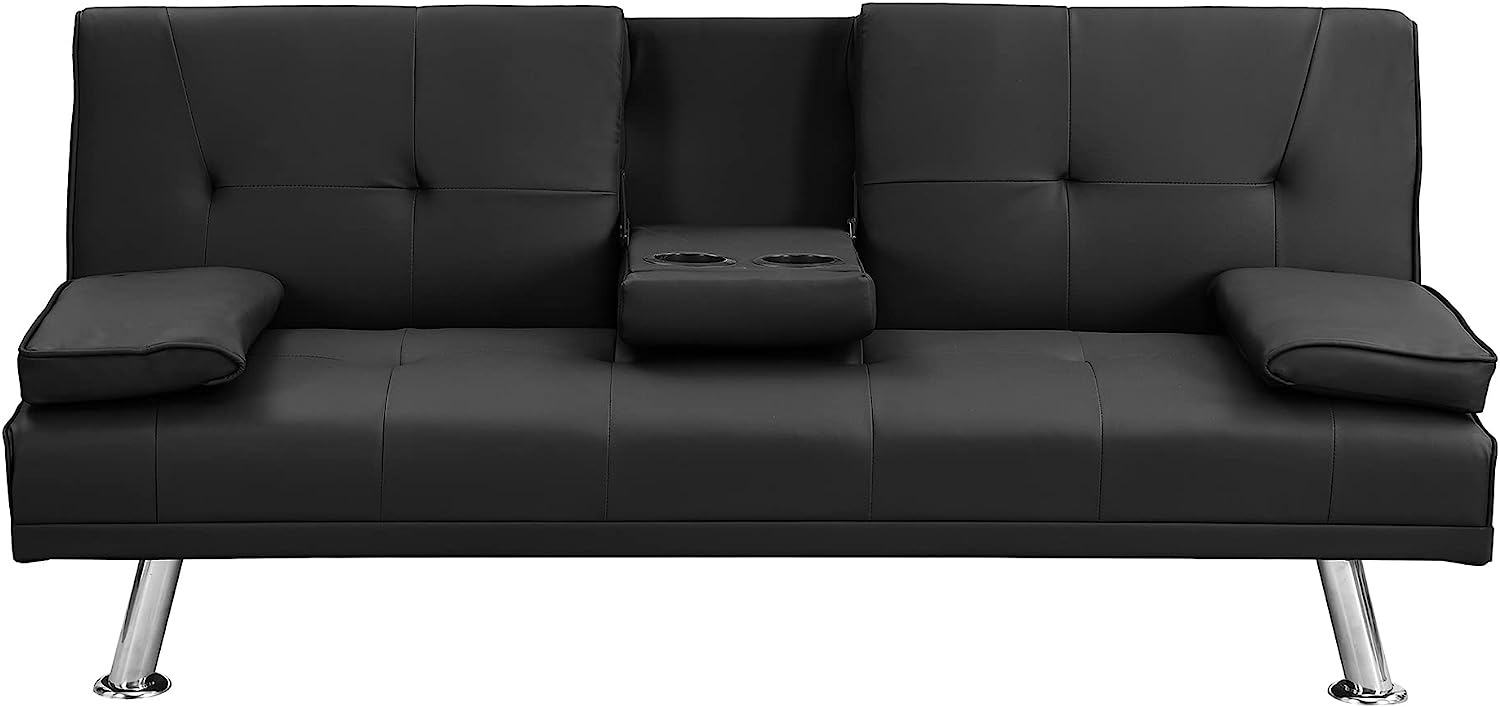 Hbaid Modern Faux Leather Couch Convertible Folding Futon Sofa Bed with 2 Cup Holders, Black