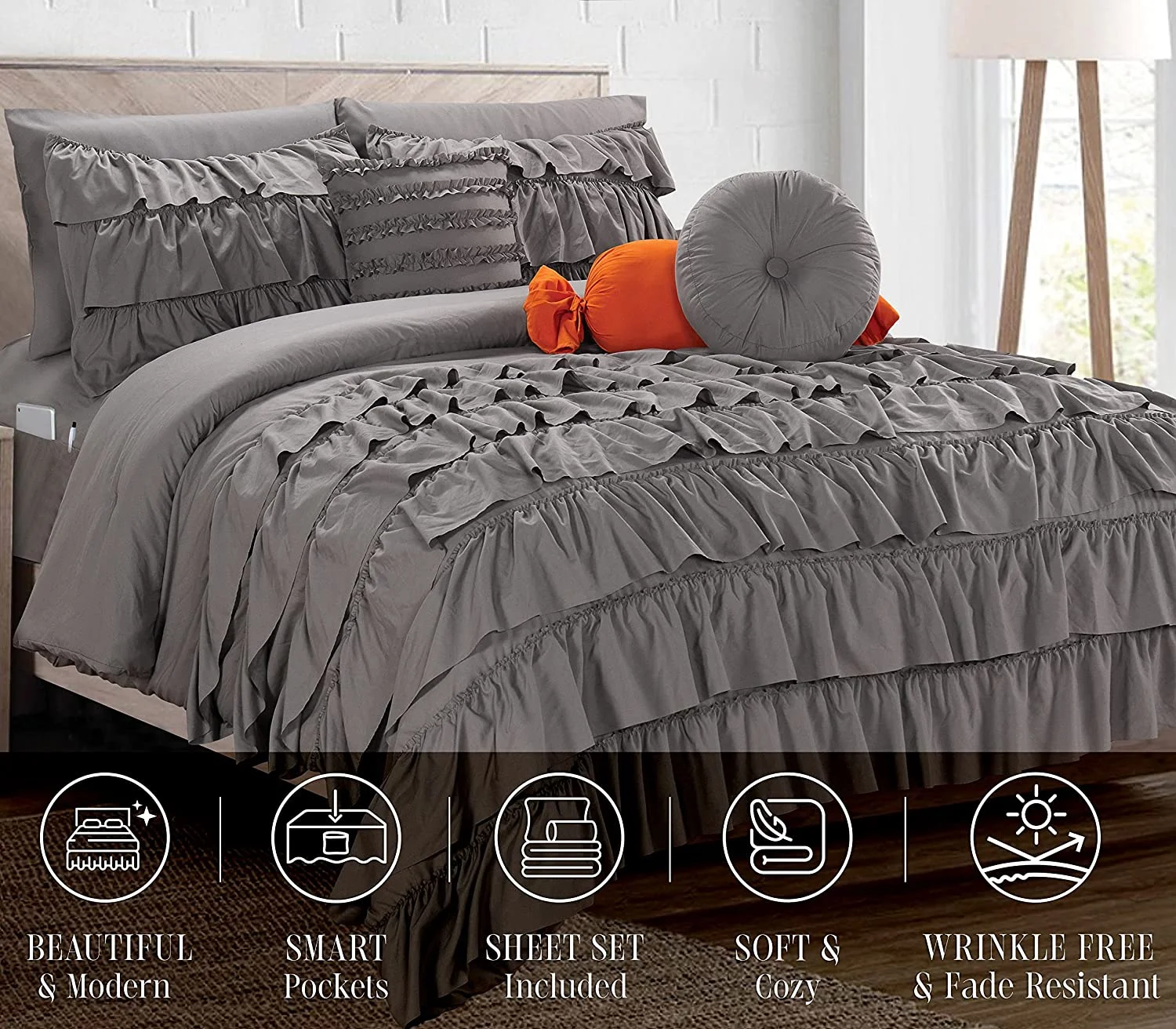 Mocassi 10-Piece Bed-in-a-Bag, Includes Bed Sheet with Double Sided Storage Pockets & Decorative Pillows, Multi-Ruffle Comforter, Twin XL, Gray