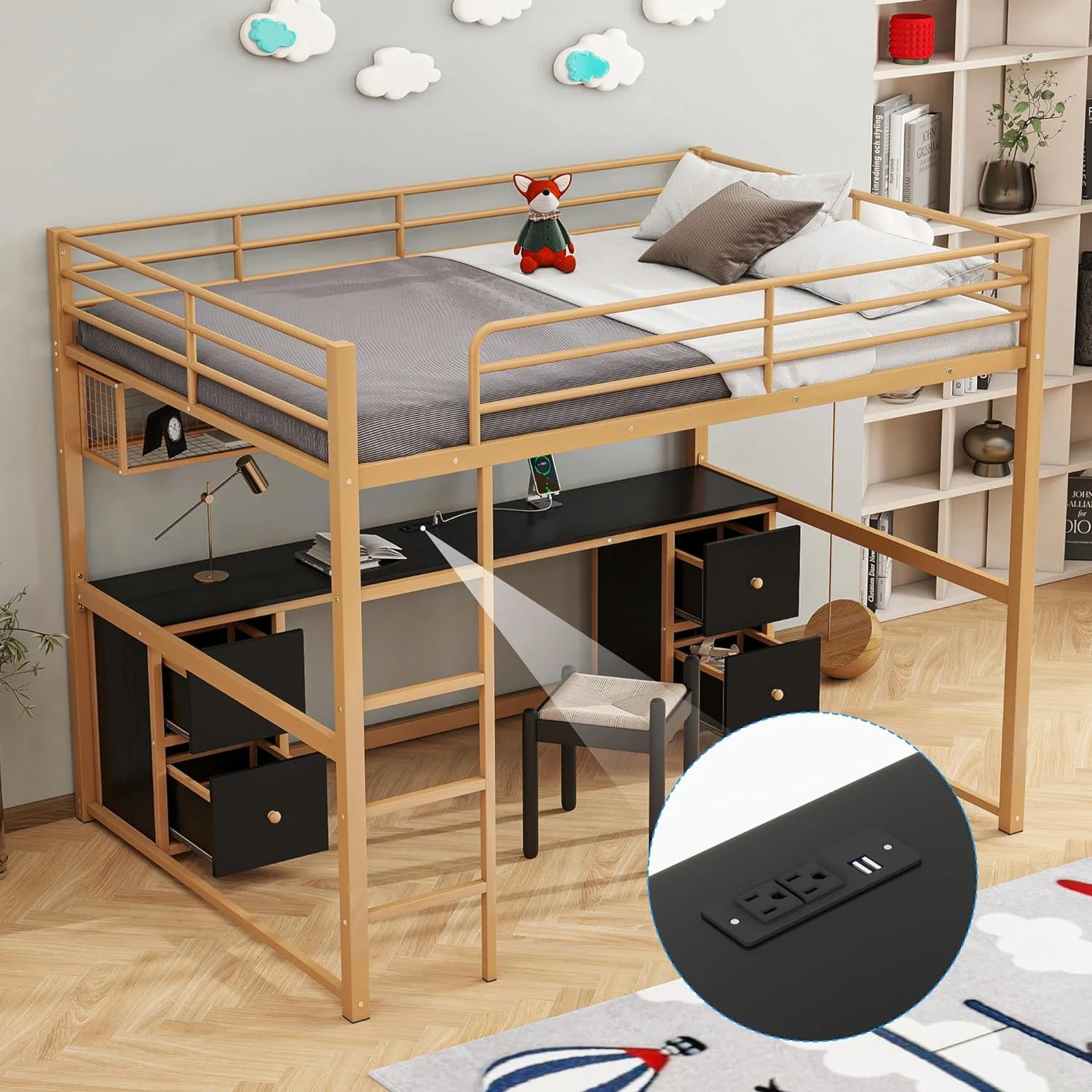 Full Size Metal Loft Bed with Desk, Cabinets, Drawers and Bedside Tray, Charging Station, USB and Socket