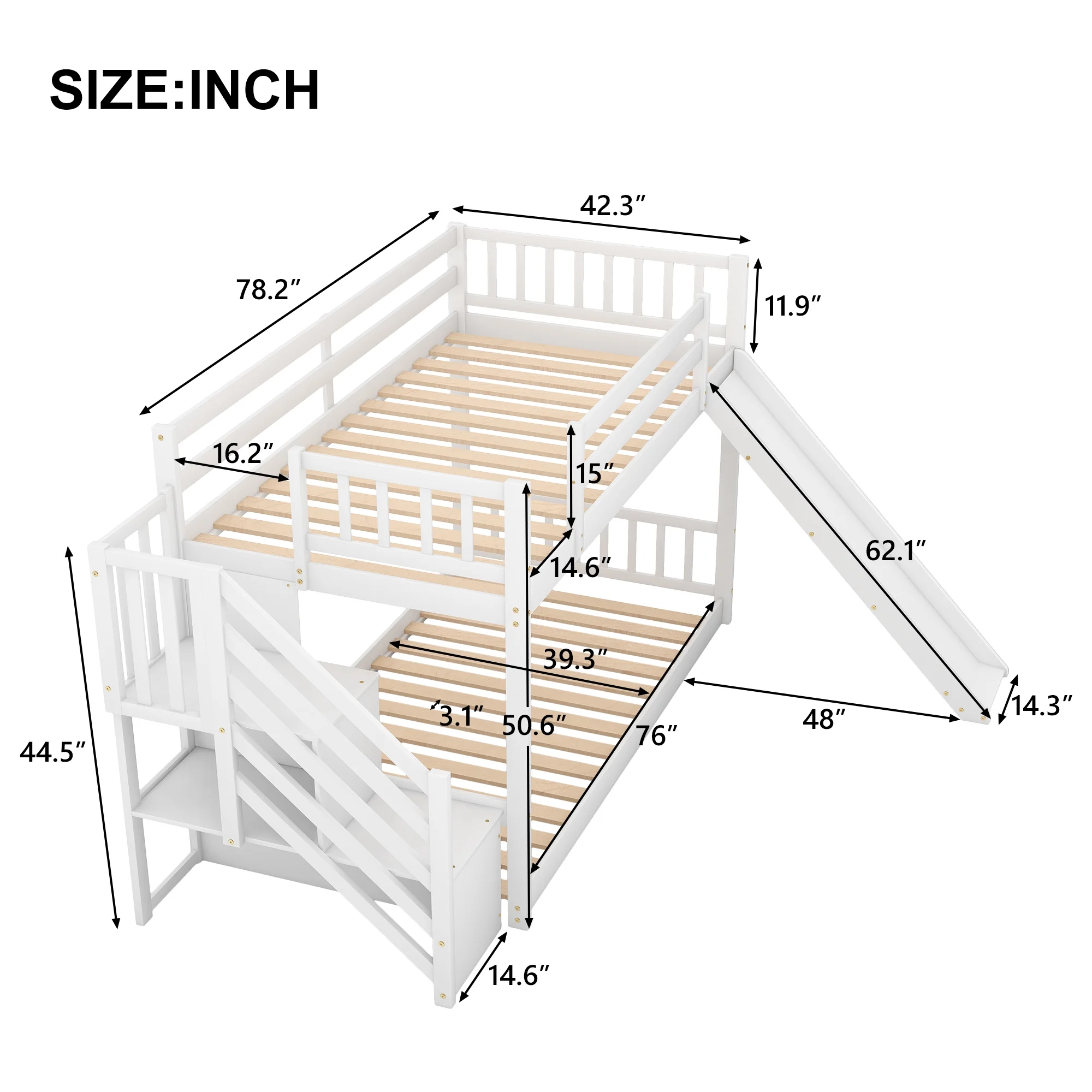 White Twin over Twin Bunk Bed with Convertible Slide and Stairway