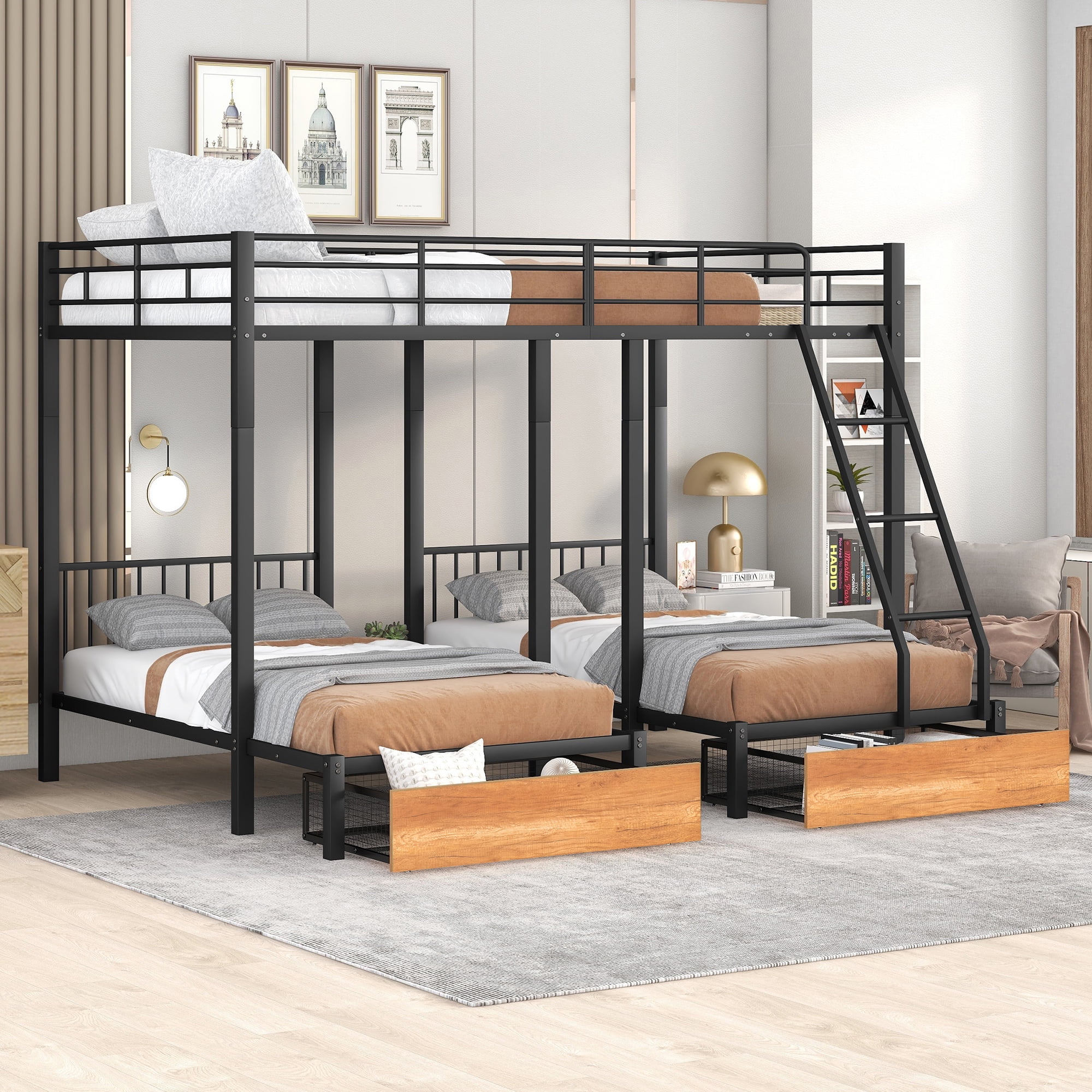 Triple Bunk Bed with Built-in Ladder, Bunk Bed Full Over Twin & Twin with Drawers and Guardrails, Metal Triple Bunk Beds for Kids, Divided into Three Separate beds (Black,Full Over Twin & Twin)