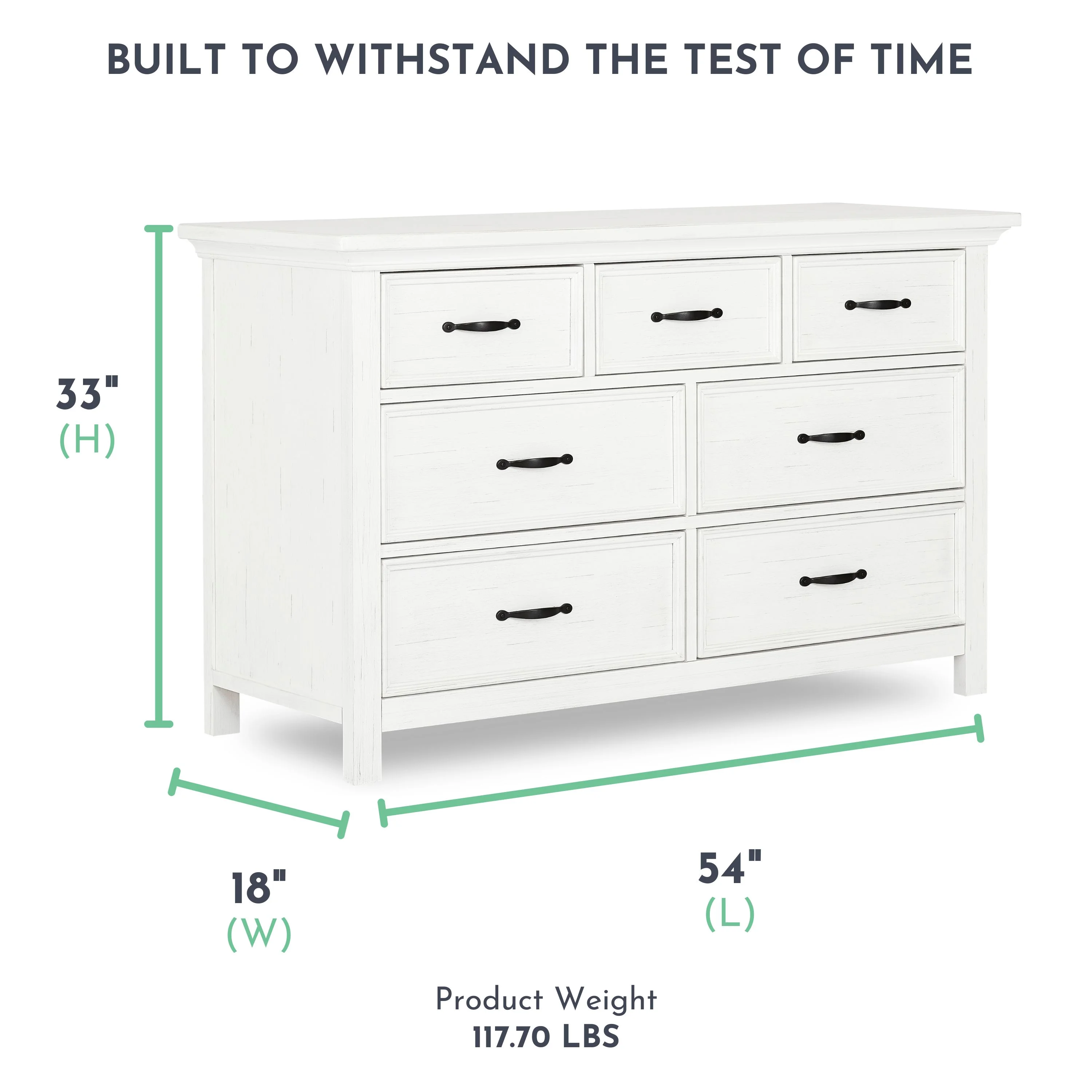 Evolur Belmar Rustic 7-Drawer Double Dresser, White.